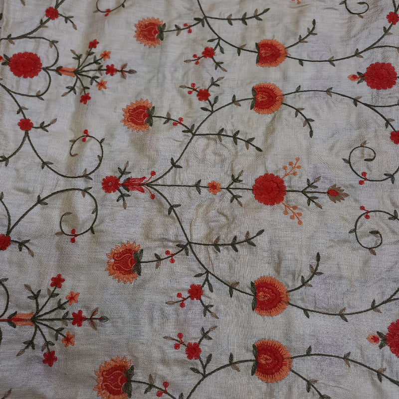 Dyeable White Tussar Silk With Floral Embroidery