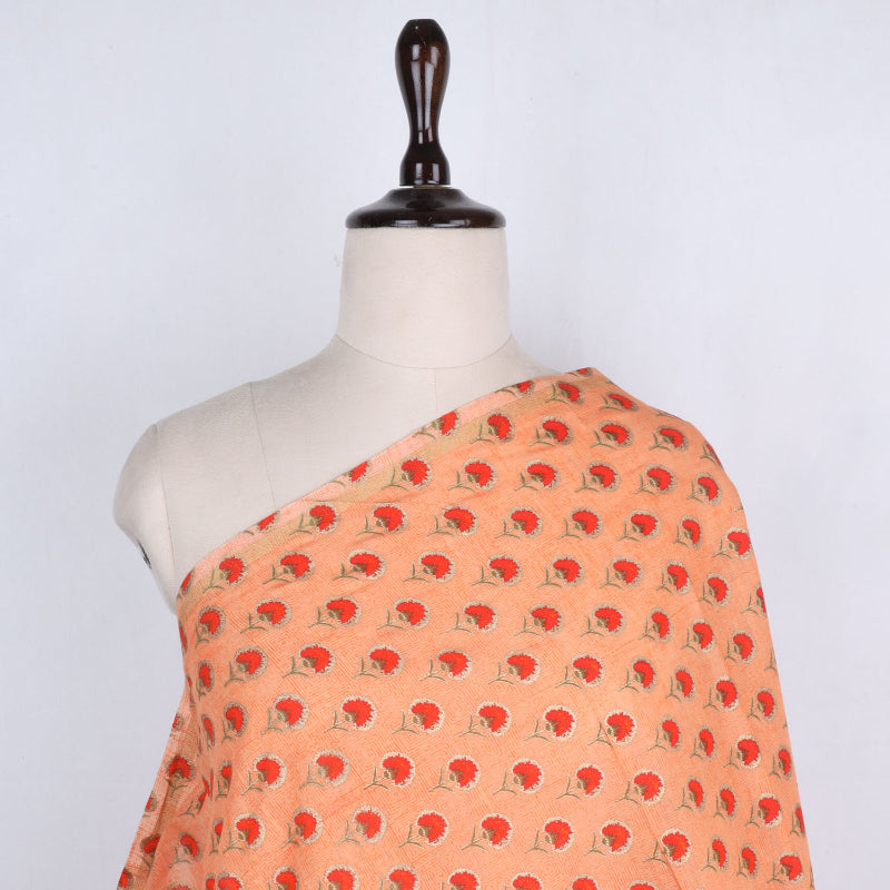 Peach Cotton Fabric With Printed Floral Patterns
