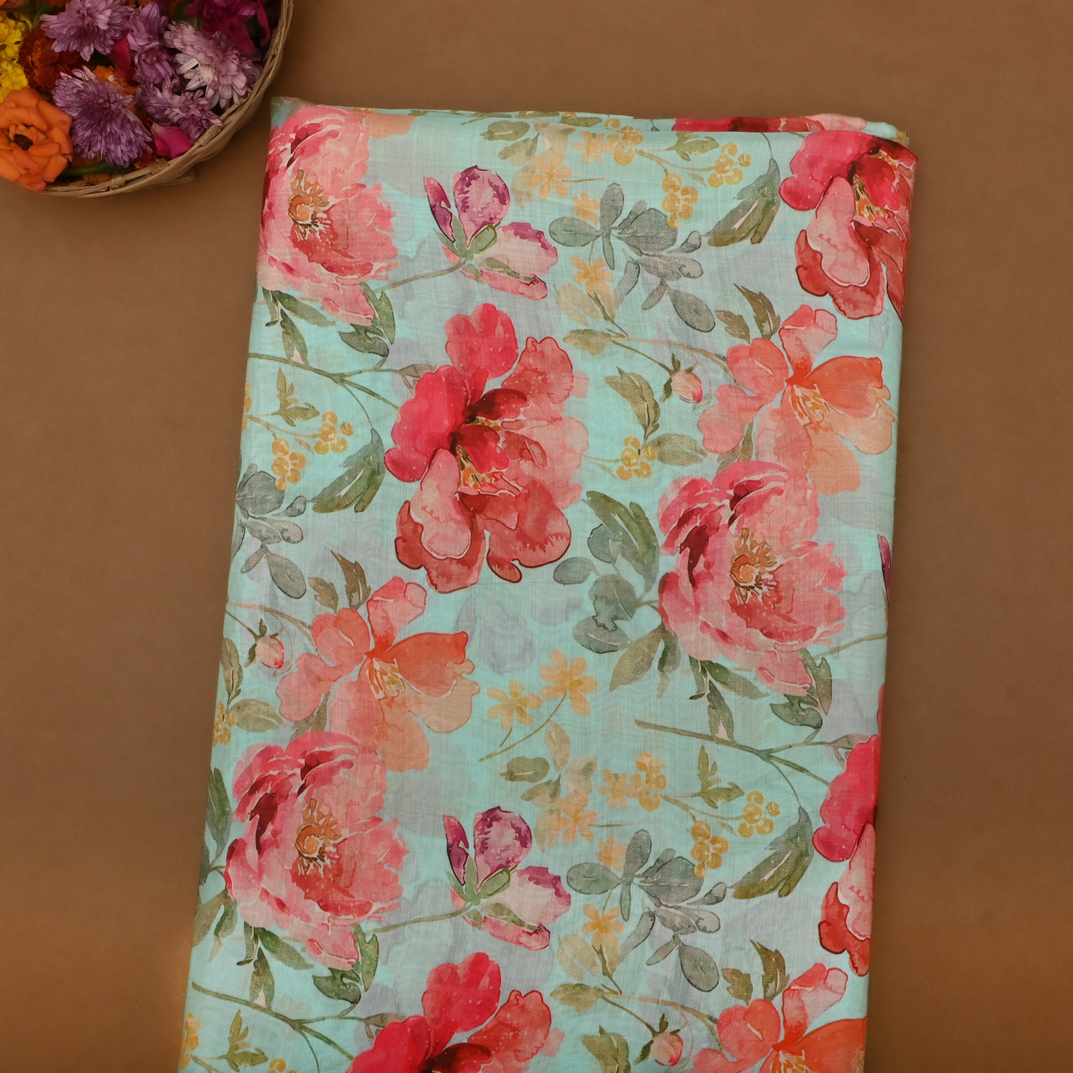 Light Cyan Silk Fabric With Floral Prints