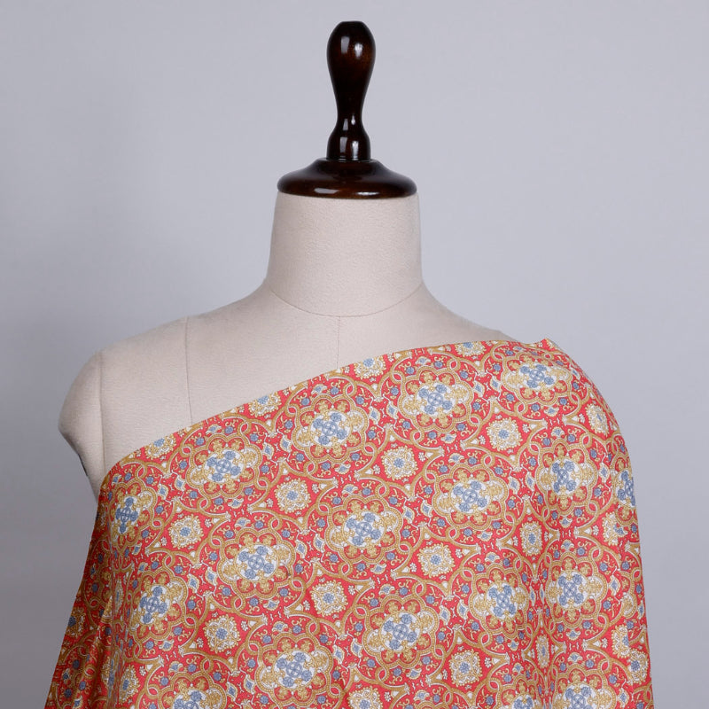 Red Cotton Fabric With Floral Printed Pattern