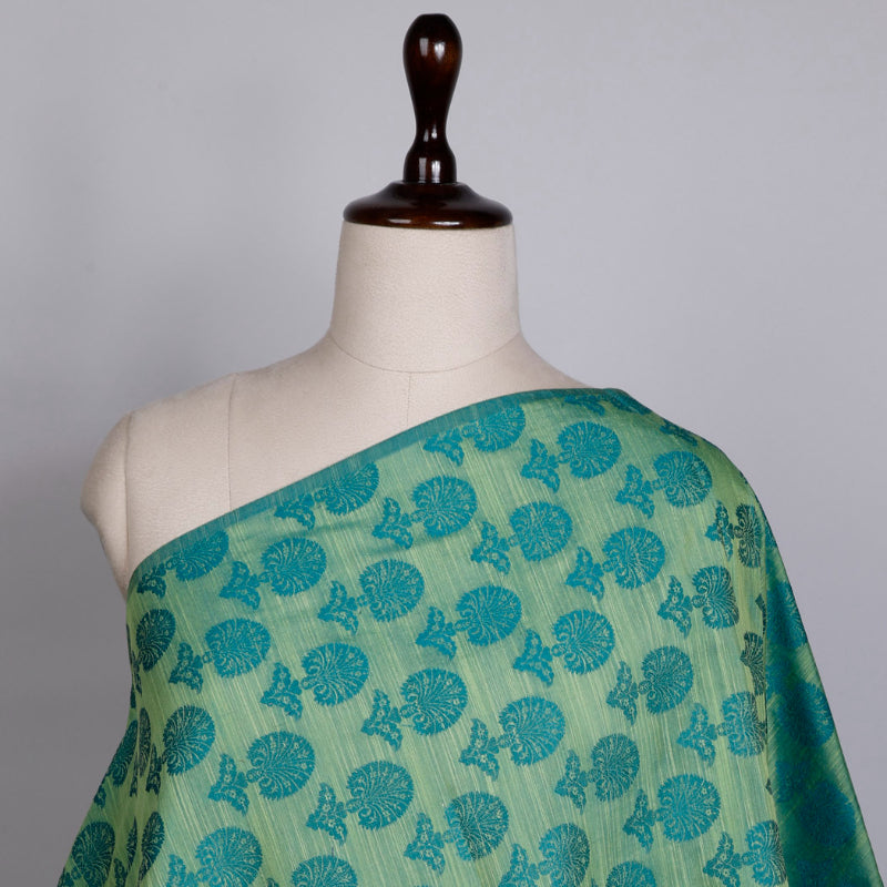 Peacock Blue Cotton Fabric With Floral Buttis