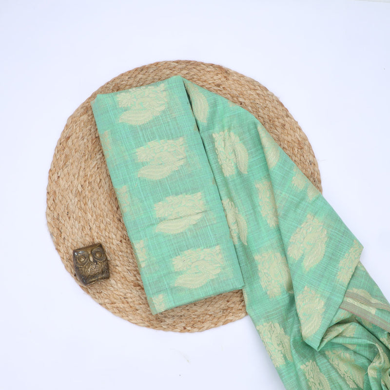 Mint Green Cotton Fabric With Printed Peacock And Floral Buttas