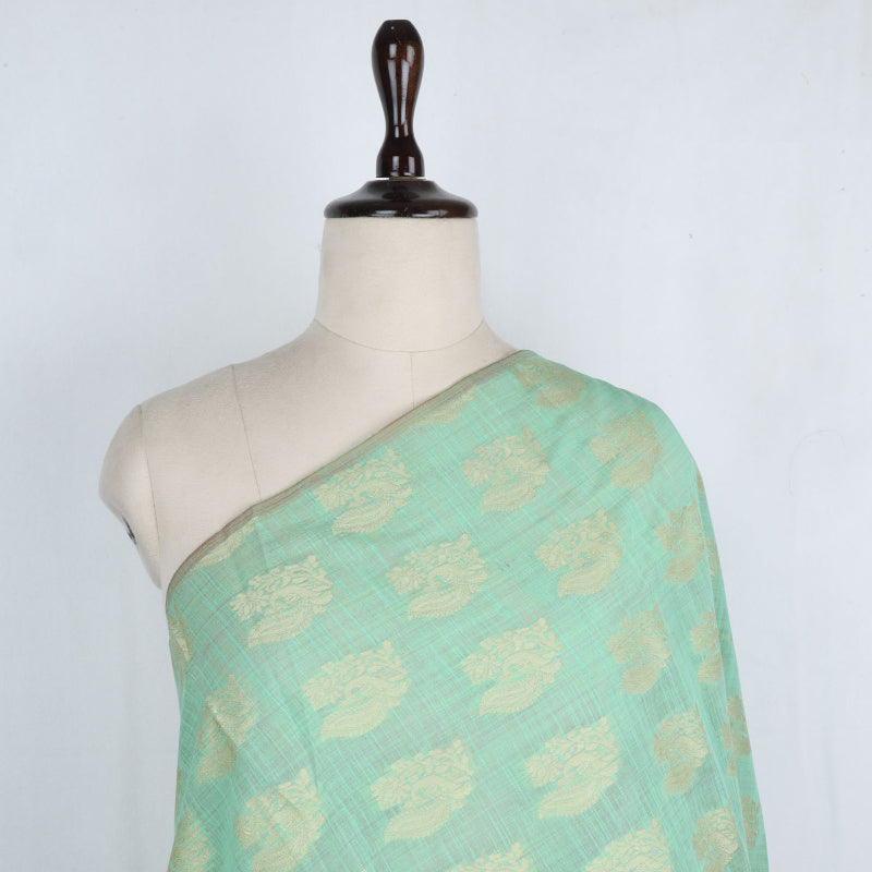 Mint Green Cotton Fabric With Printed Peacock And Floral Buttas