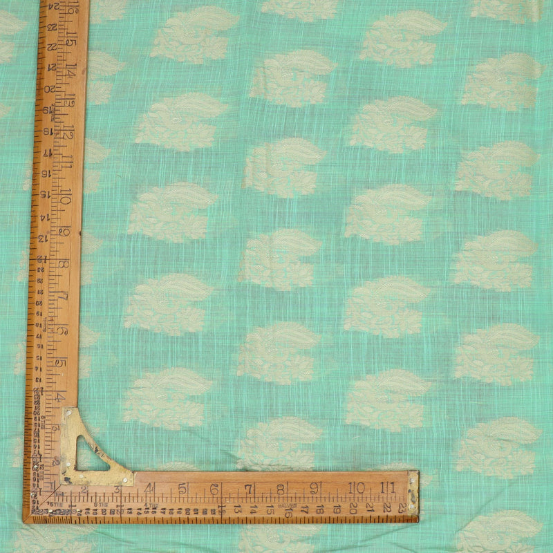 Mint Green Cotton Fabric With Printed Peacock And Floral Buttas