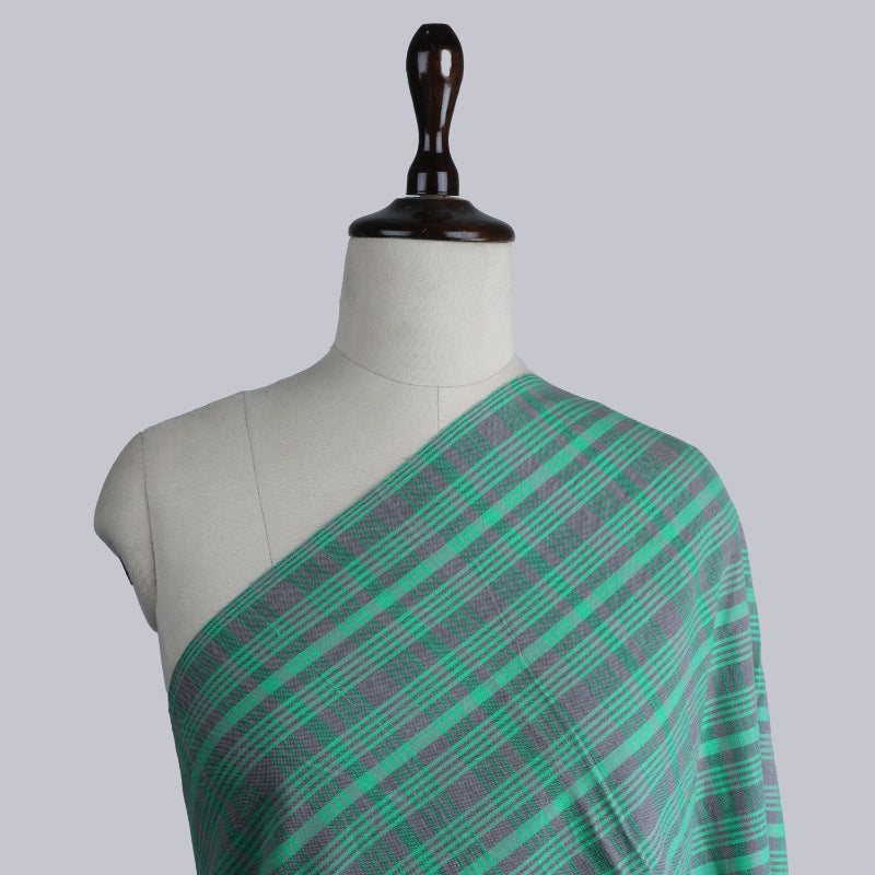 Metal Grey Cotton Fabric With Checked Pattern