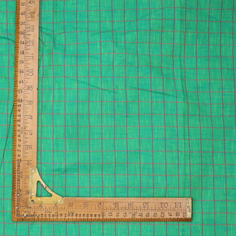 Sea Green Cotton Fabric With Checked Pattern