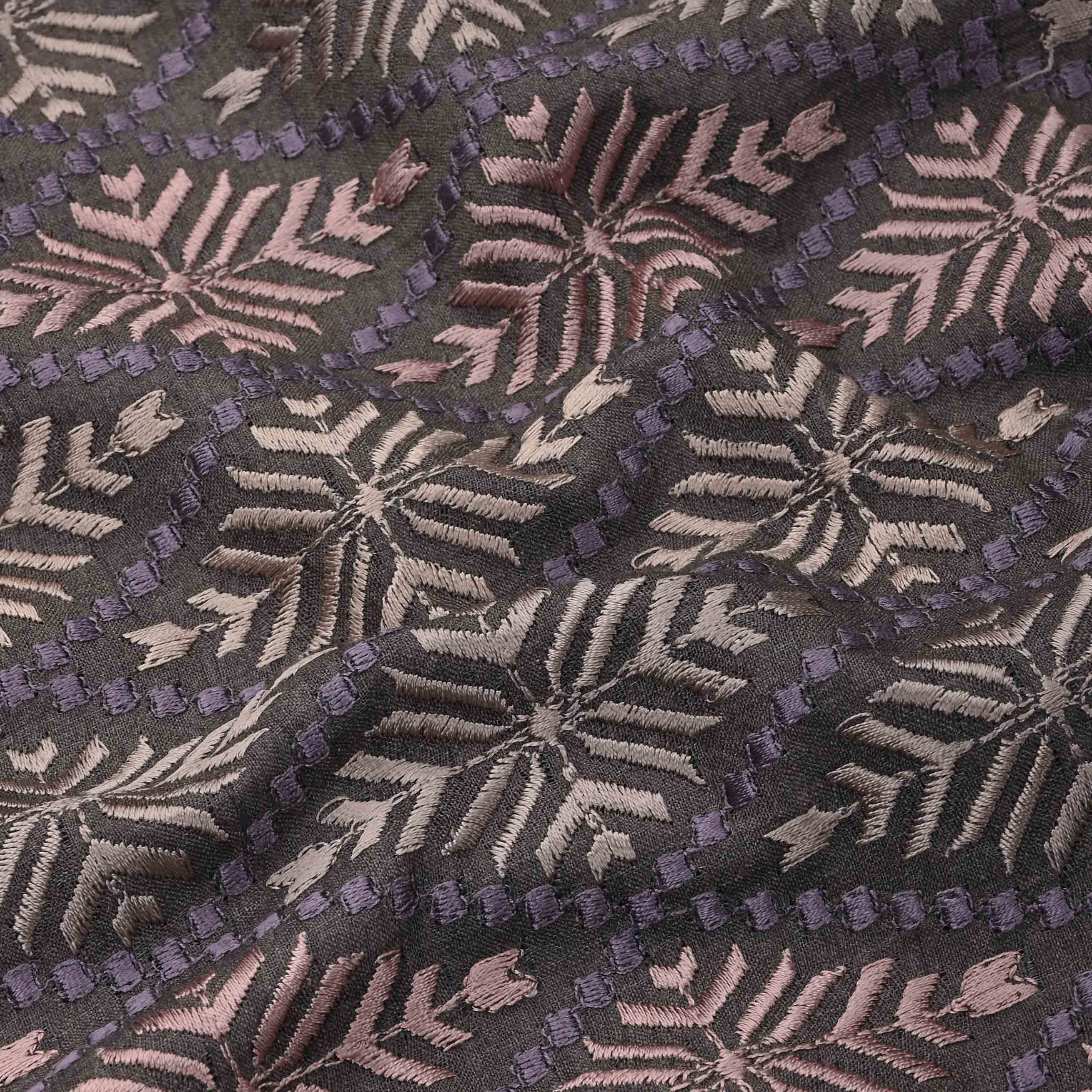 Carbon Grey Moonga Fabric With Embroidery Pattern