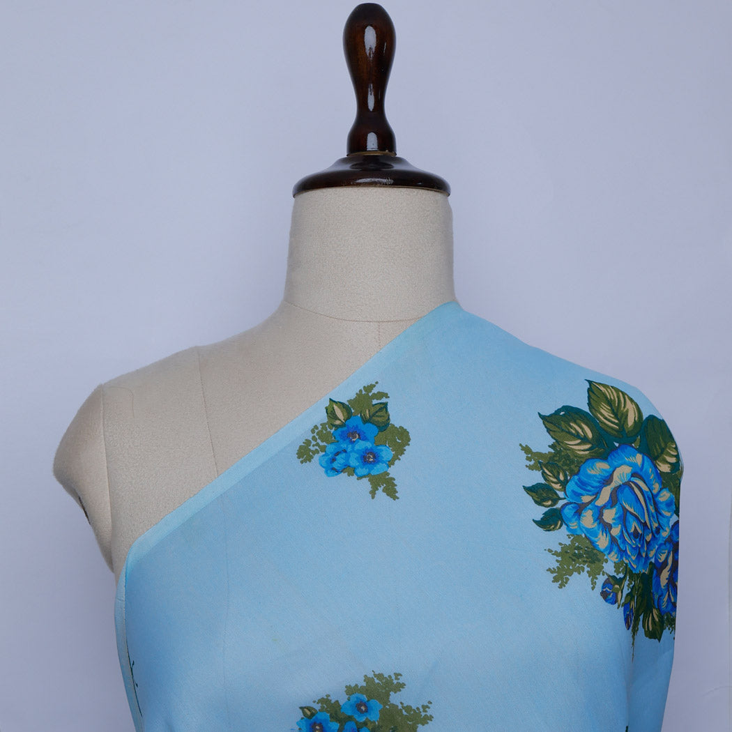 Maya Blue Chanderi Fabric With Floral Printed Motifs