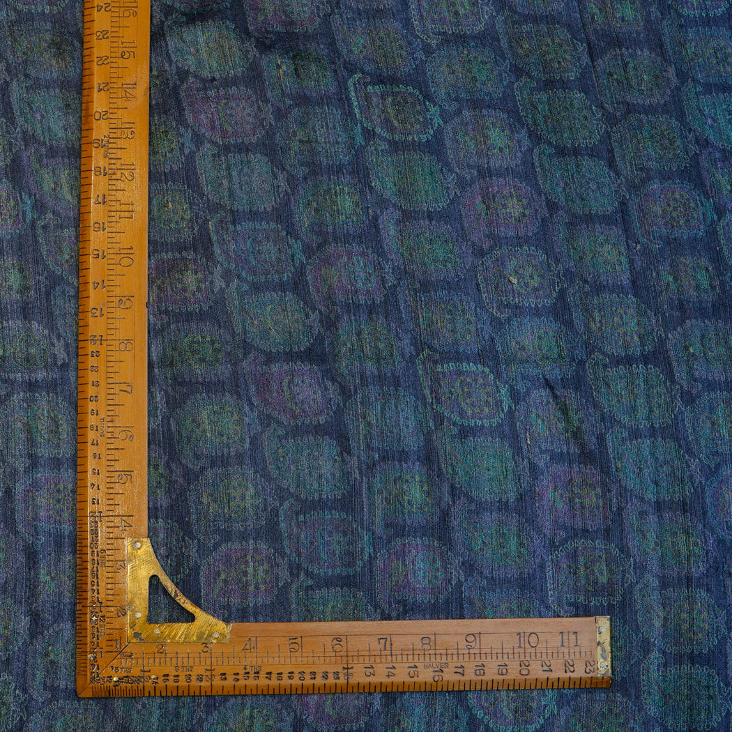 Dark Blue Tussar Fabric With Printed Floral Paisley Motifs