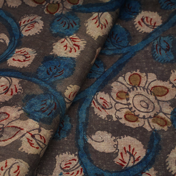 Cebar Brown Floral Jaal Pen Kalamkari Handloom Fabric