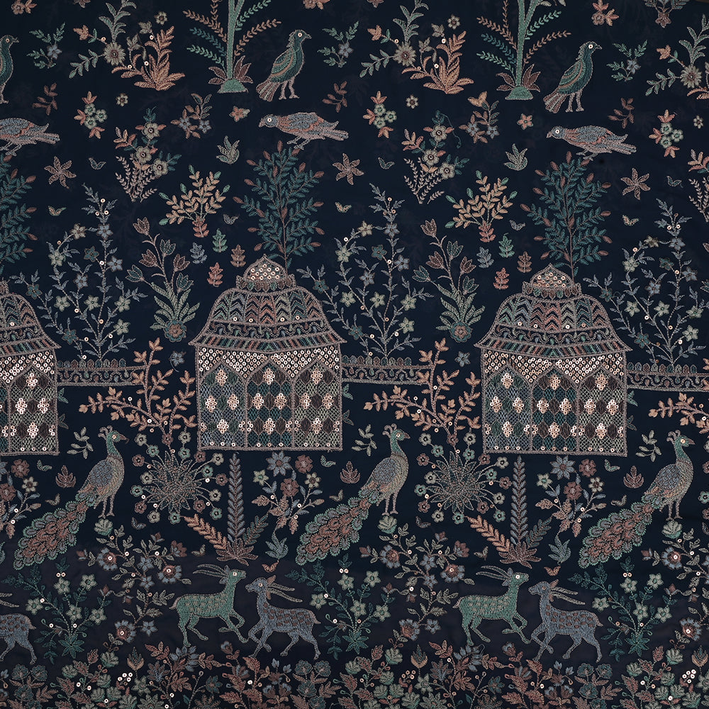 Prussian Blue Embroidery Georgette Fabric