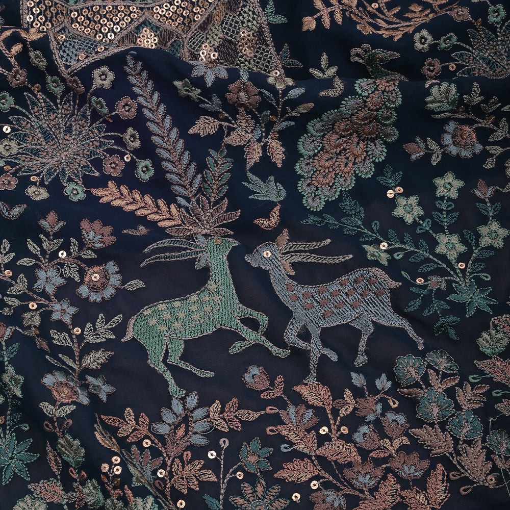 Prussian Blue Embroidery Georgette Fabric