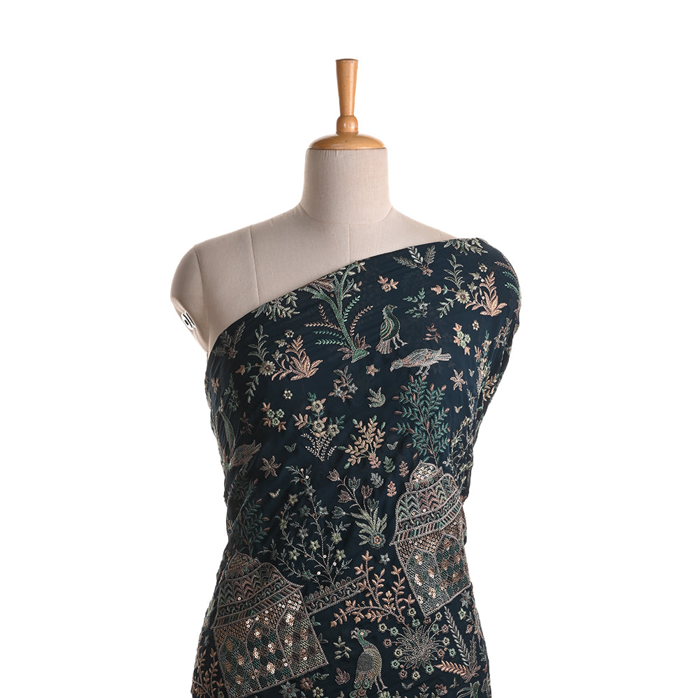 Prussian Blue Embroidery Georgette Fabric