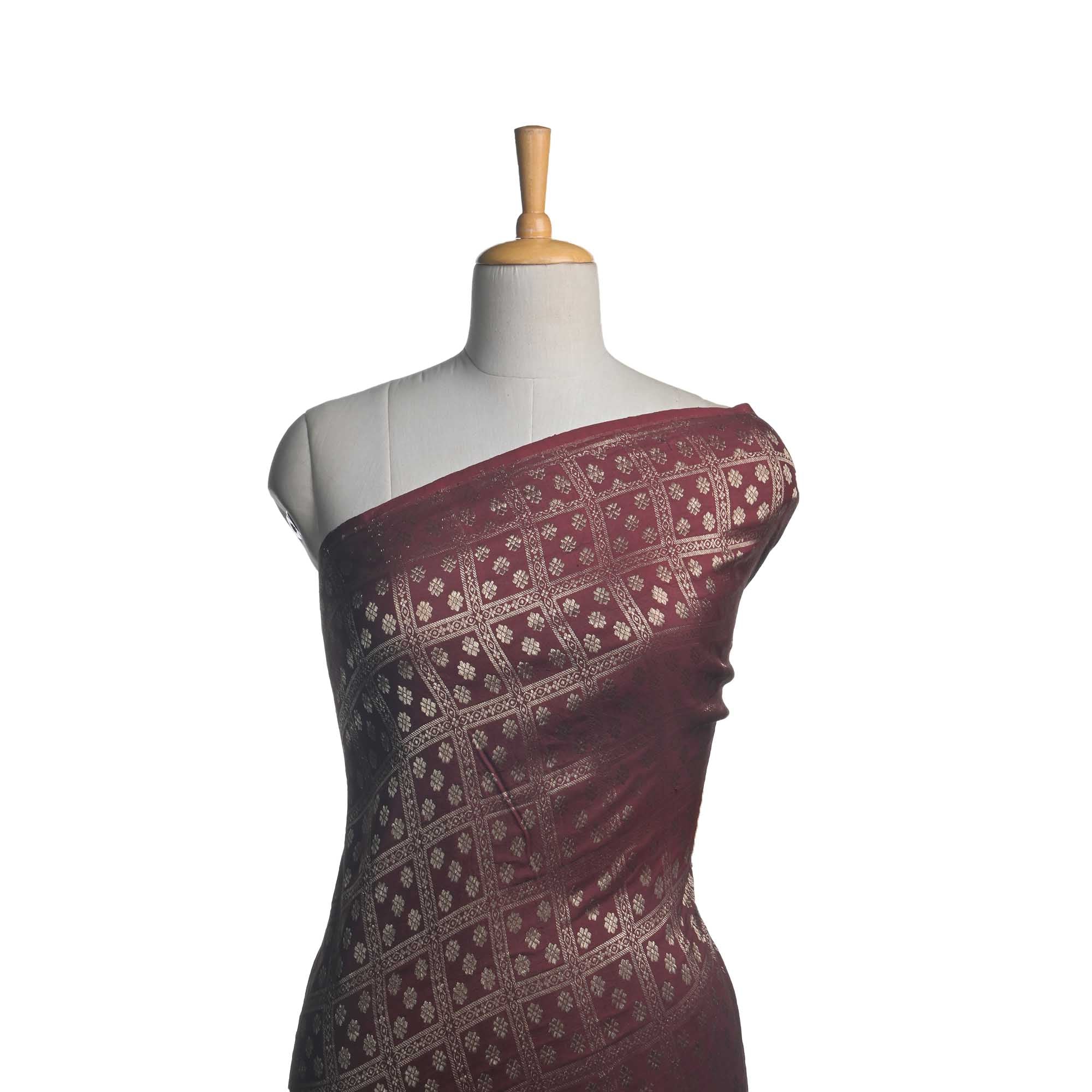 Deep Brown Floral Kanjivaram Fabric