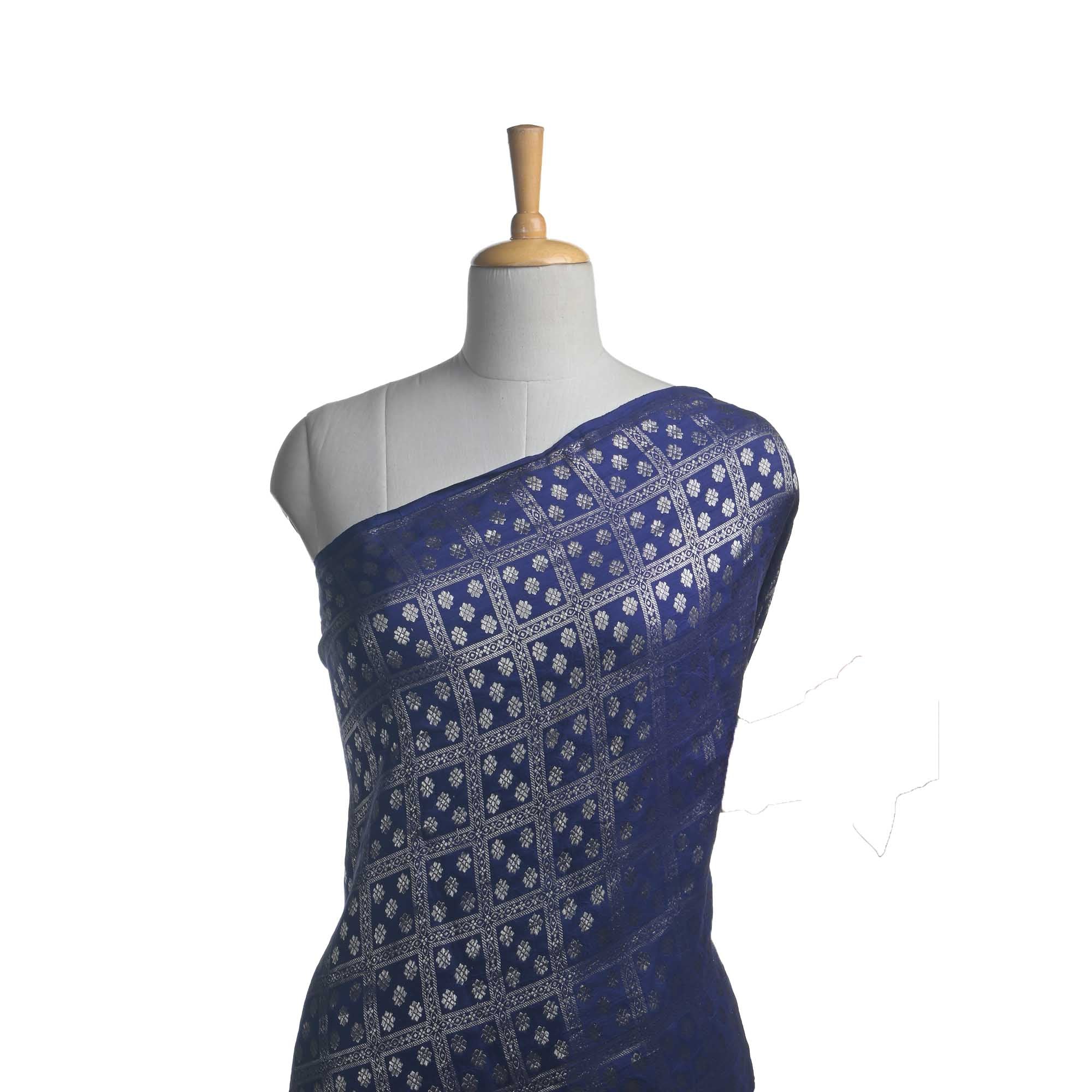 Admiral Blue Butti Checks Kanjivaram Fabric