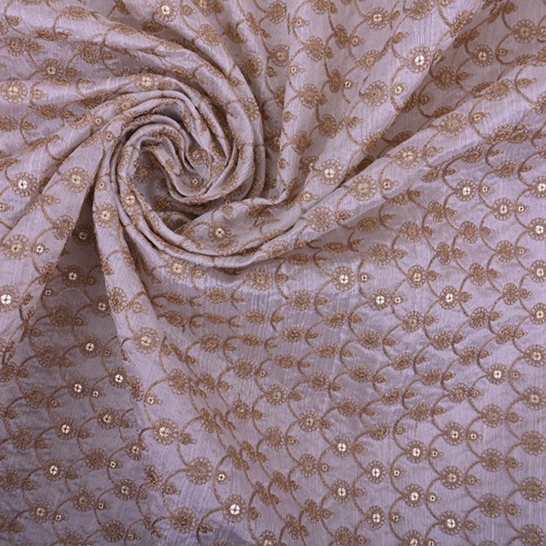 Delicate White Raw Silk Fabric With Floral Embroidery