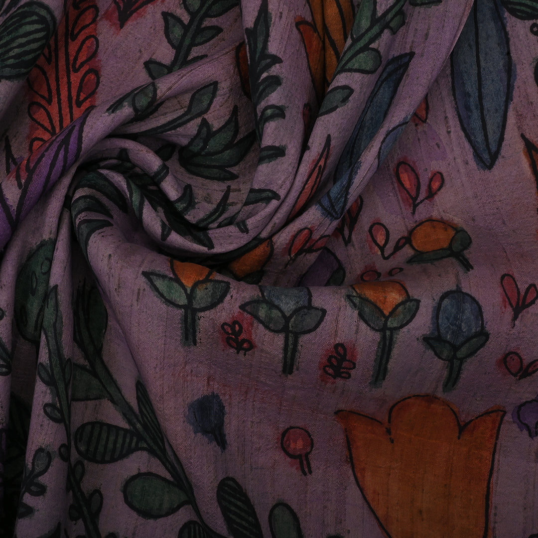 Silvery Pink Kalamkari Raw Silk Fabric