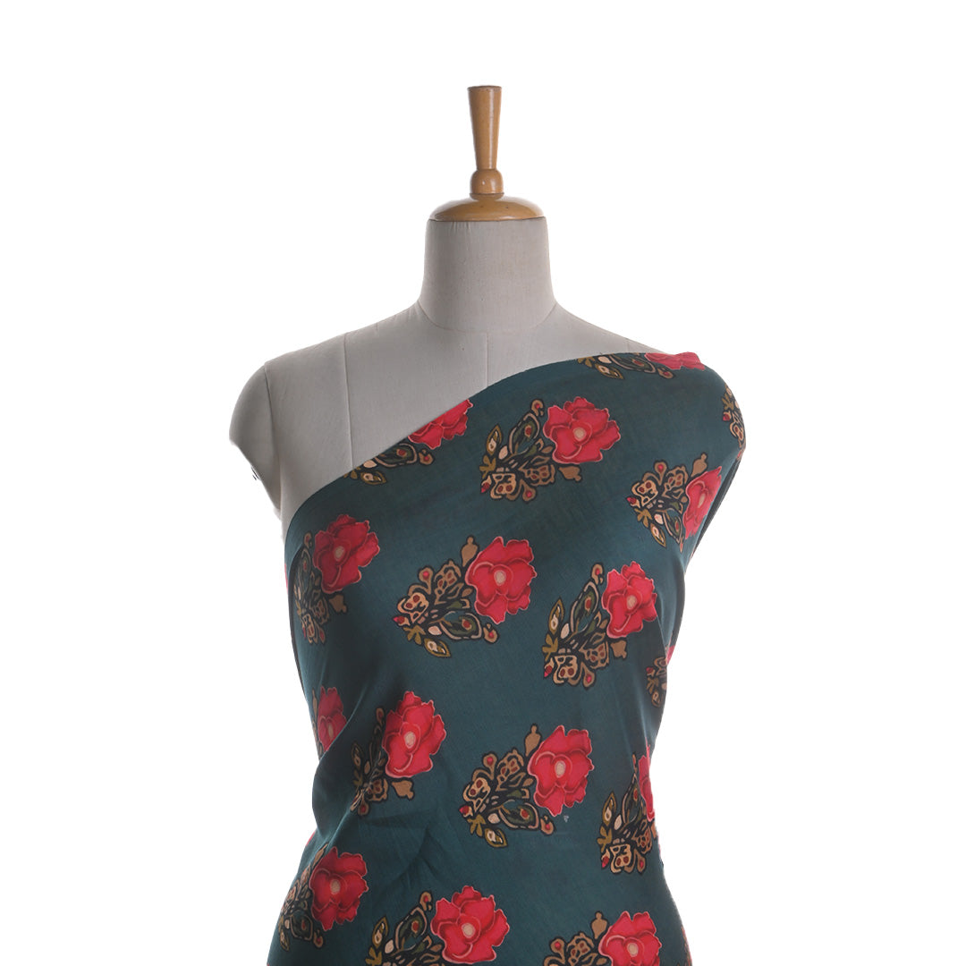 Peacock Blue Printed Floral Chanderi Fabric