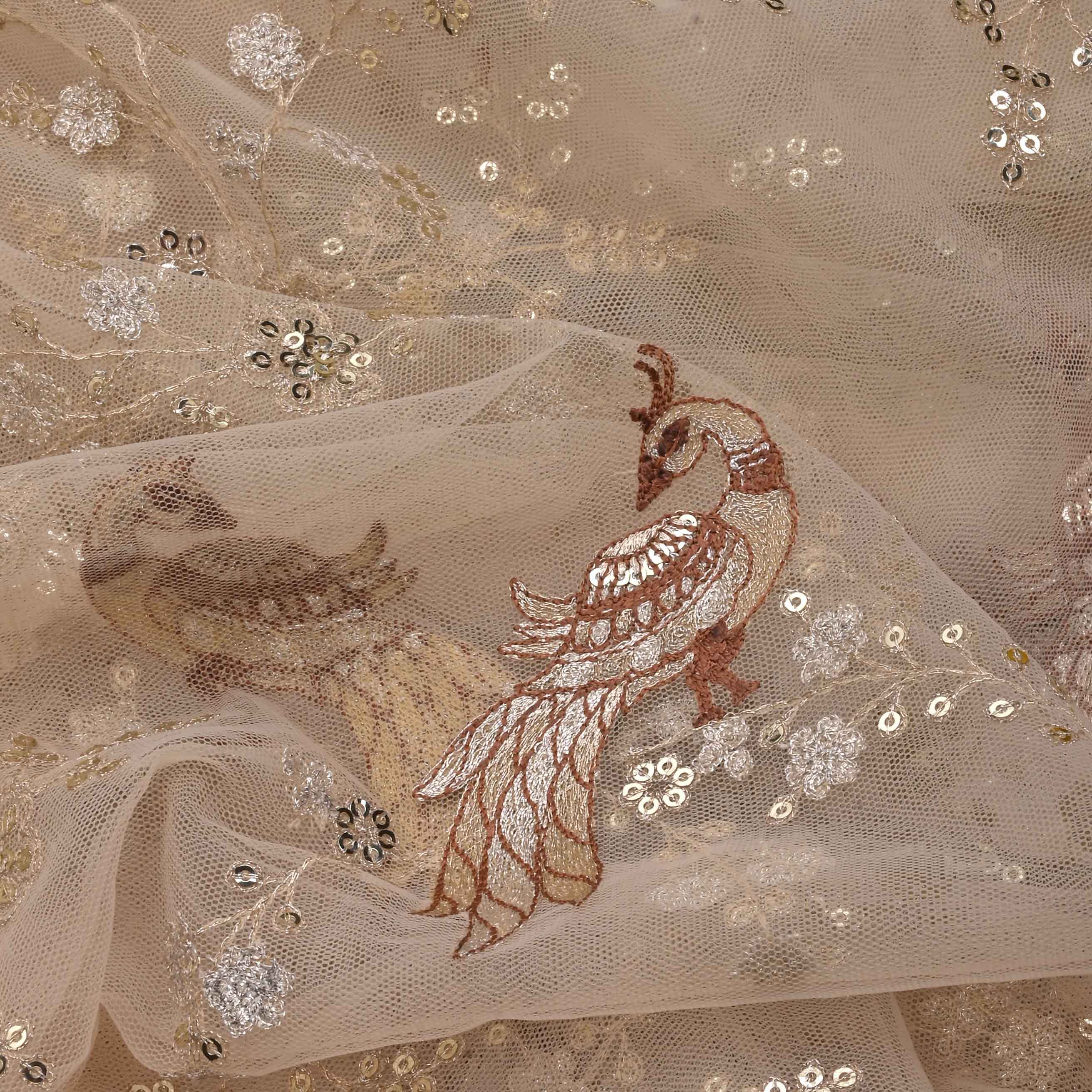 Cream White Embroidery Net Fabric With Sequin And Threadwork