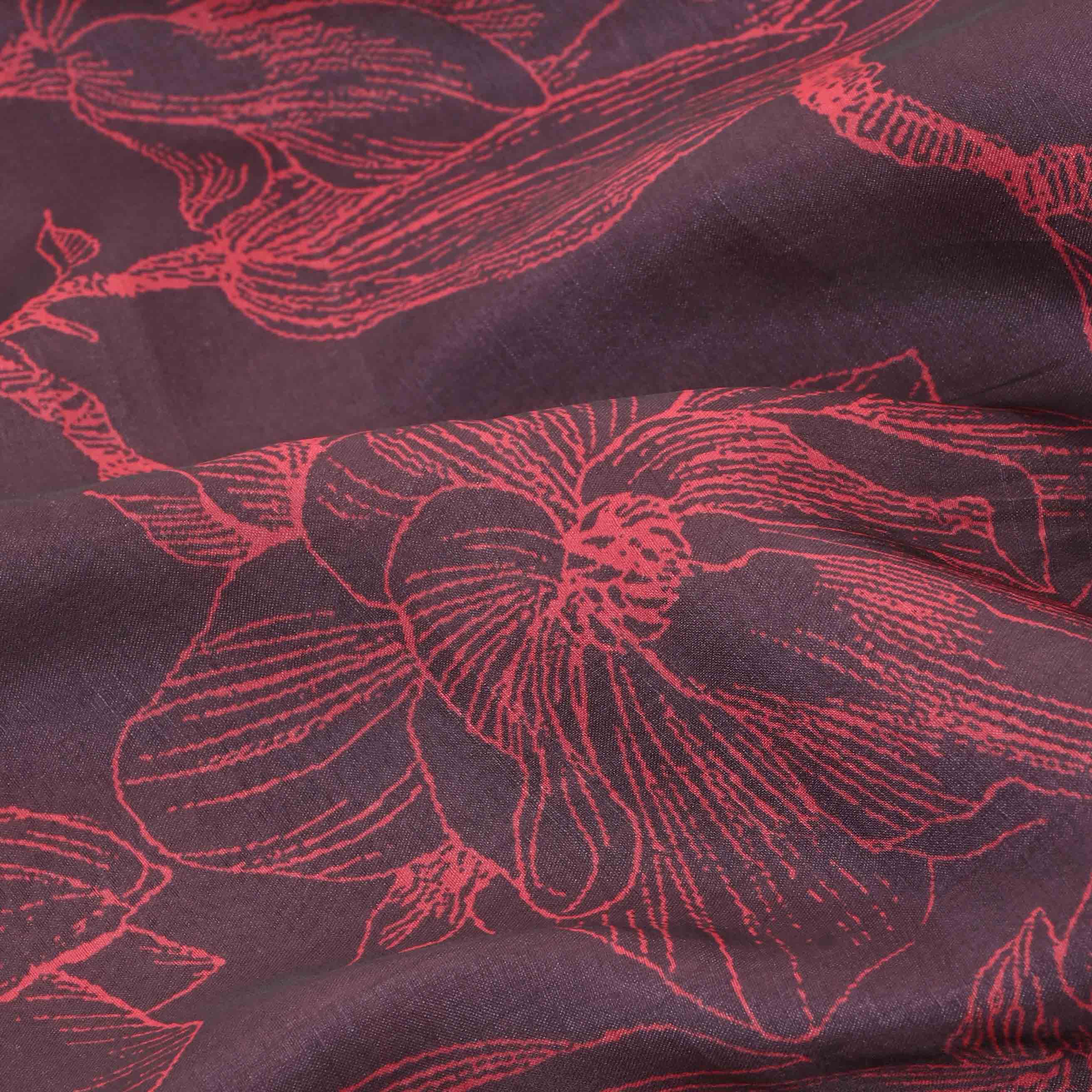 Black Printed Silk Fabric With Floral Pattern