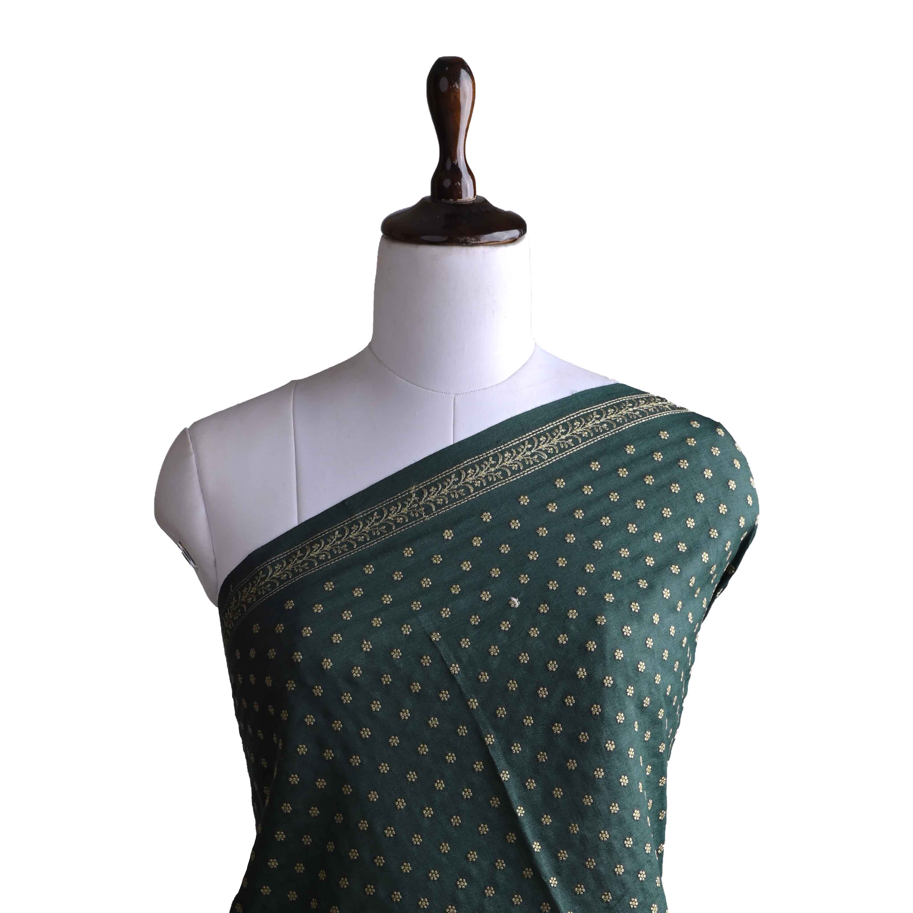 Dark Green Zari Embroidery Raw Silk Fabric