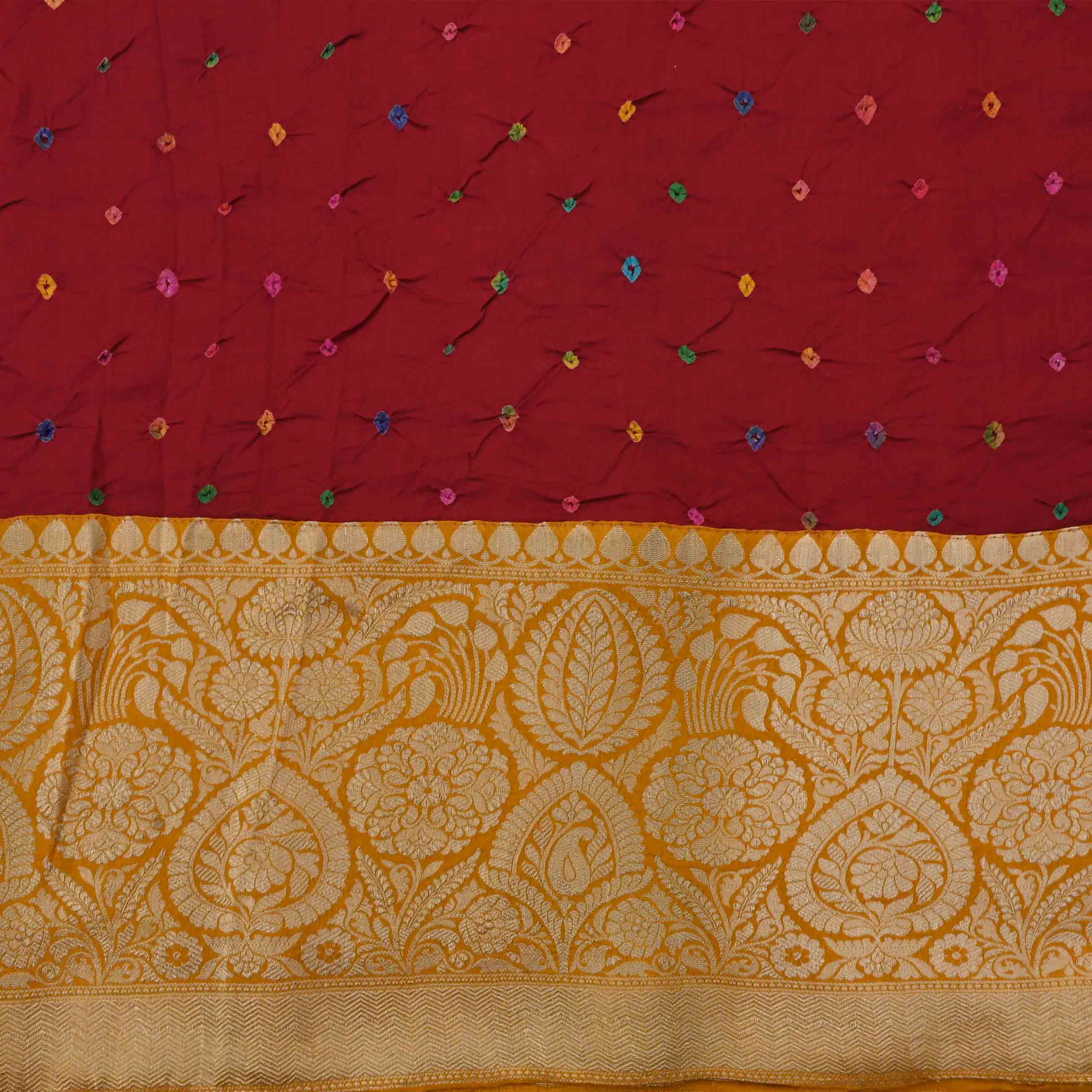 Red Bandhej Bandhani Tussar Fabric