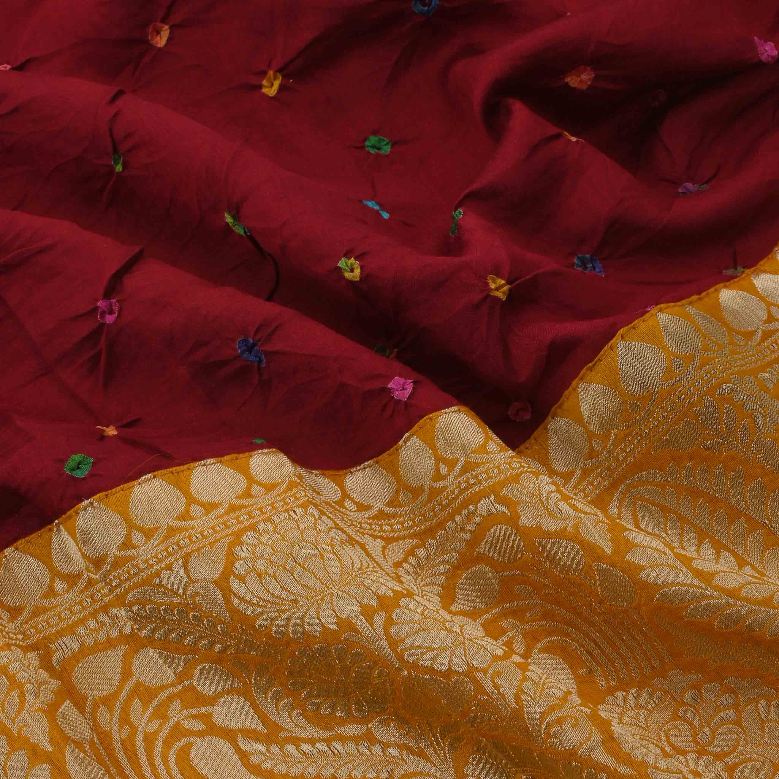Red Bandhej Bandhani Tussar Fabric