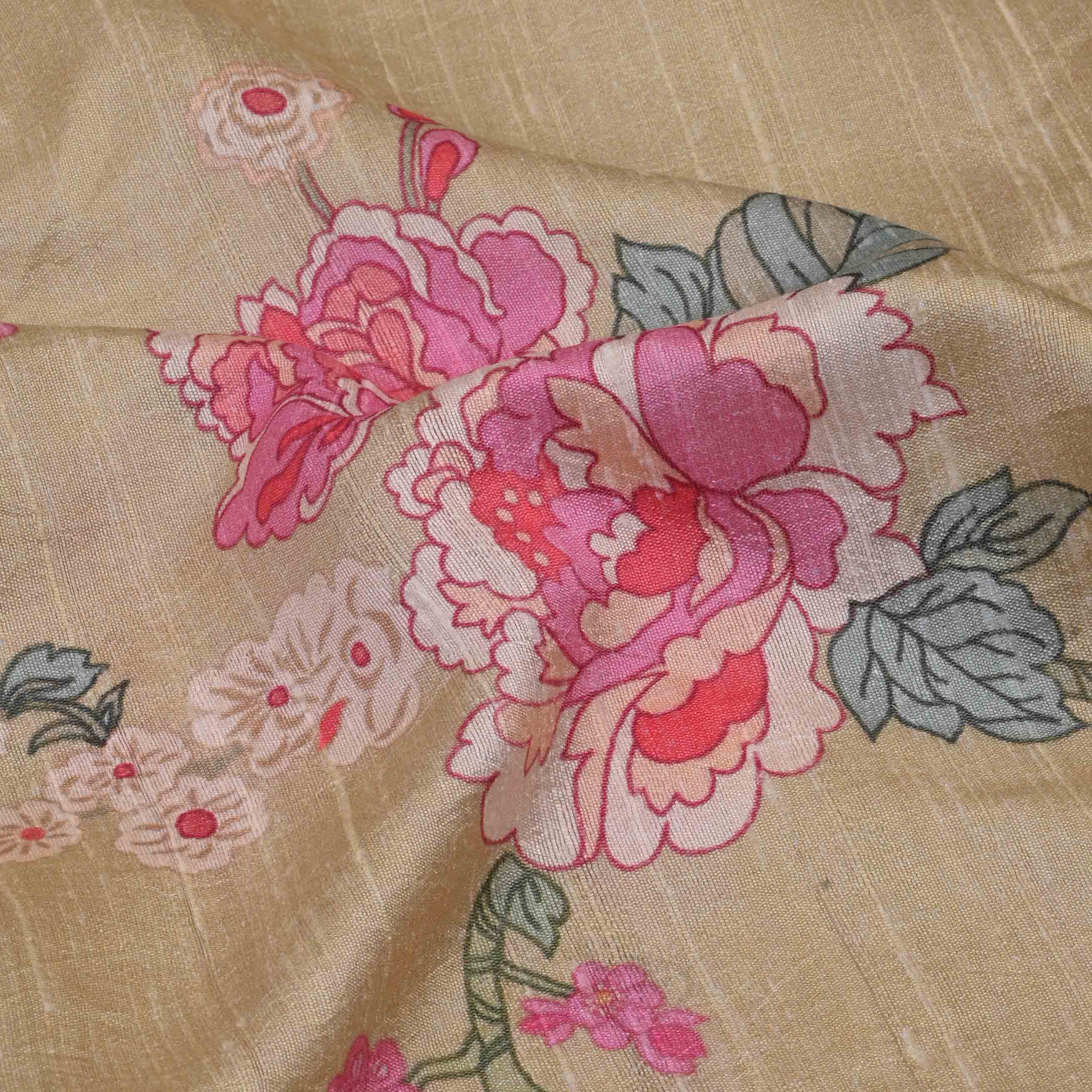 Mocassin Yellow Printed Raw Silk Fabric