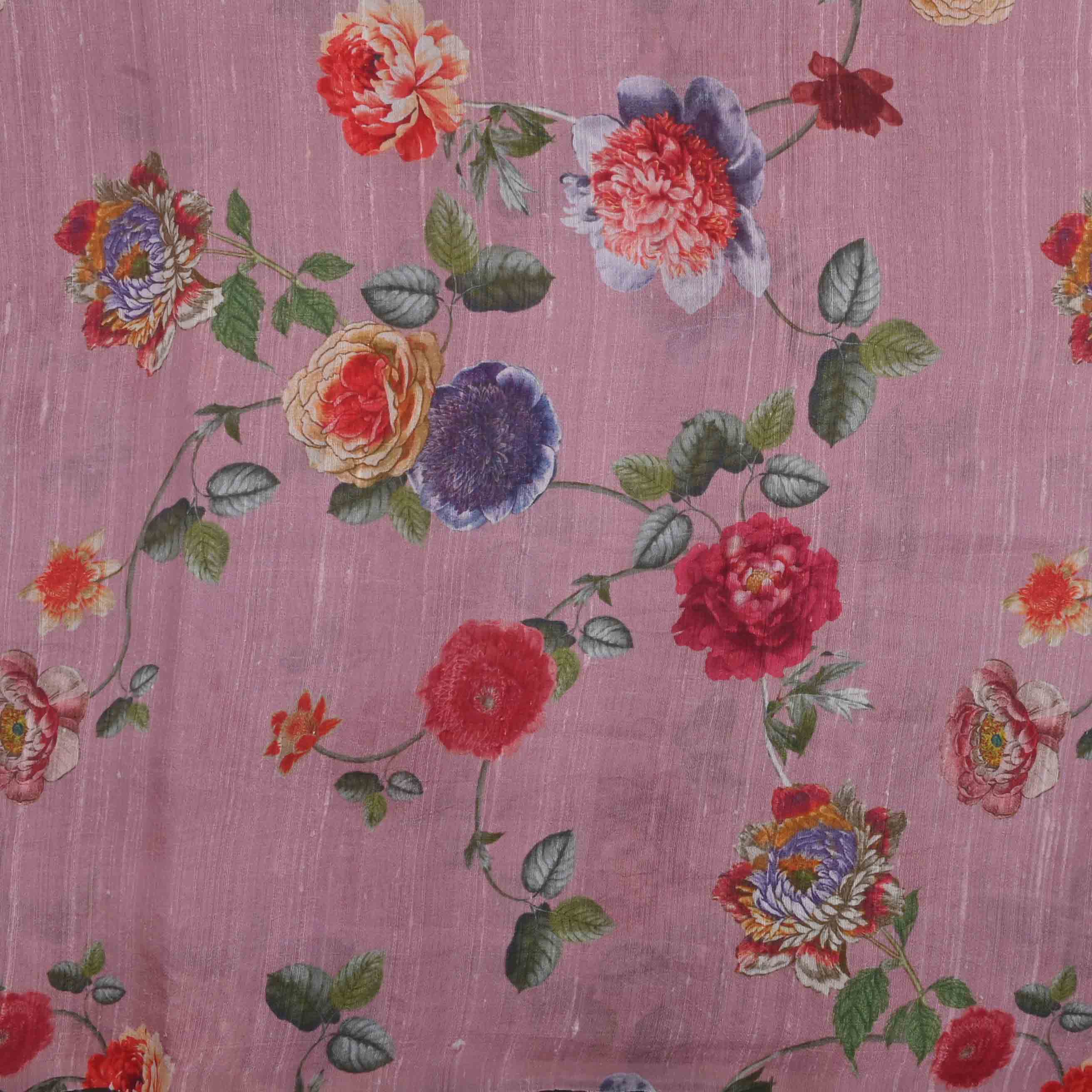 Cameo Pink Floral Printed Raw Silk Fabric