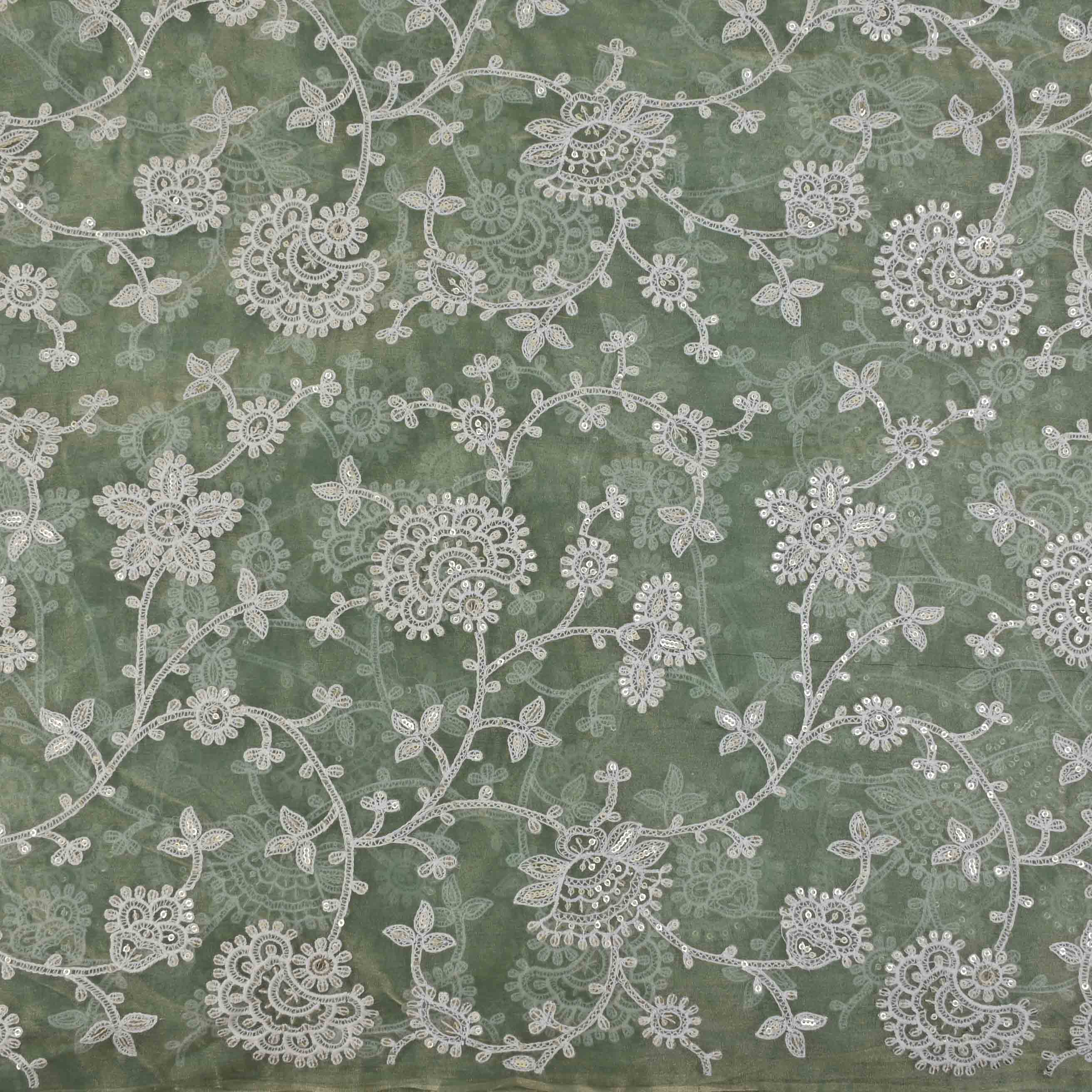 Laurel Green Thread Work Embroidery Tissue Fabric