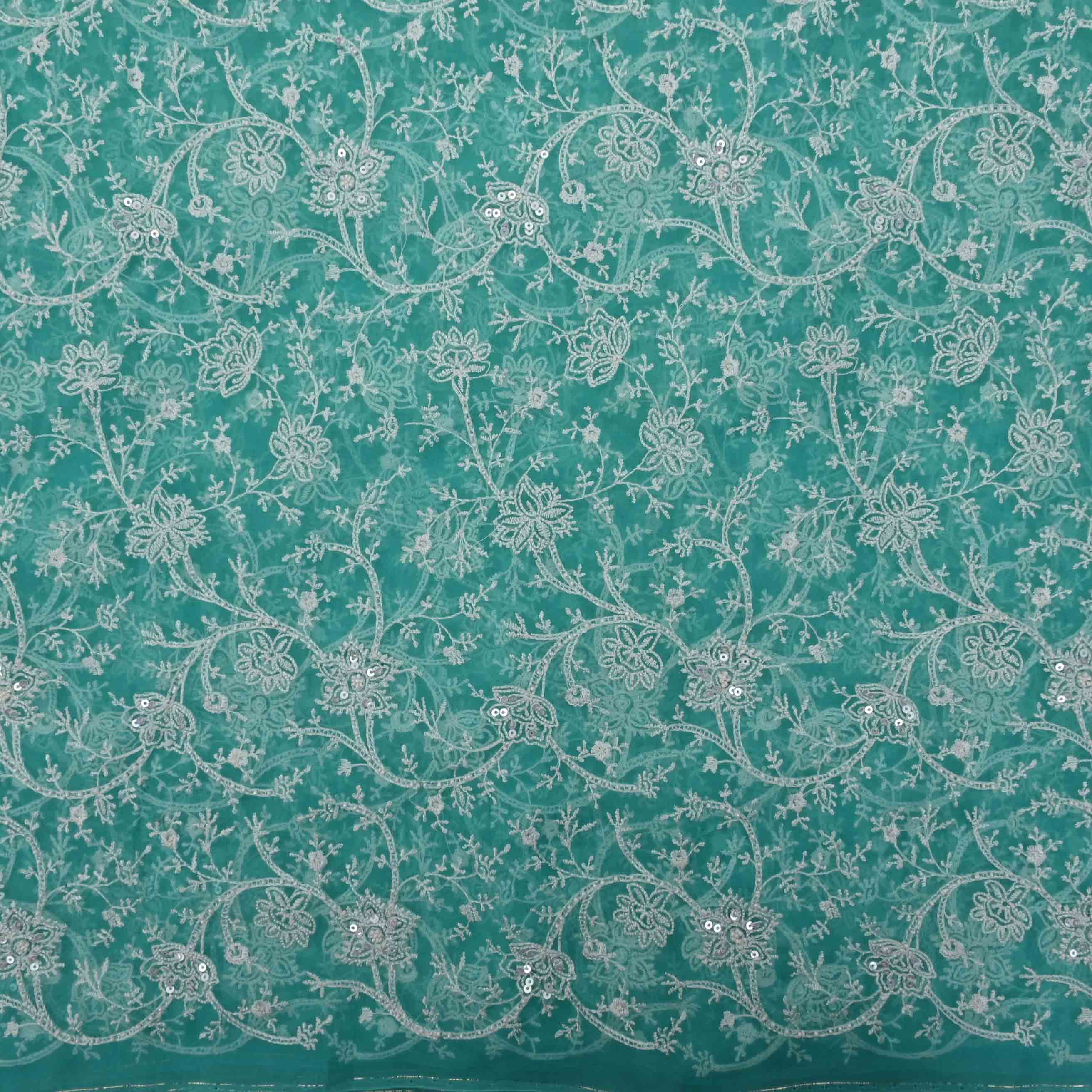 Turquoise Blue Thread Work Embroidery Organza Fabric