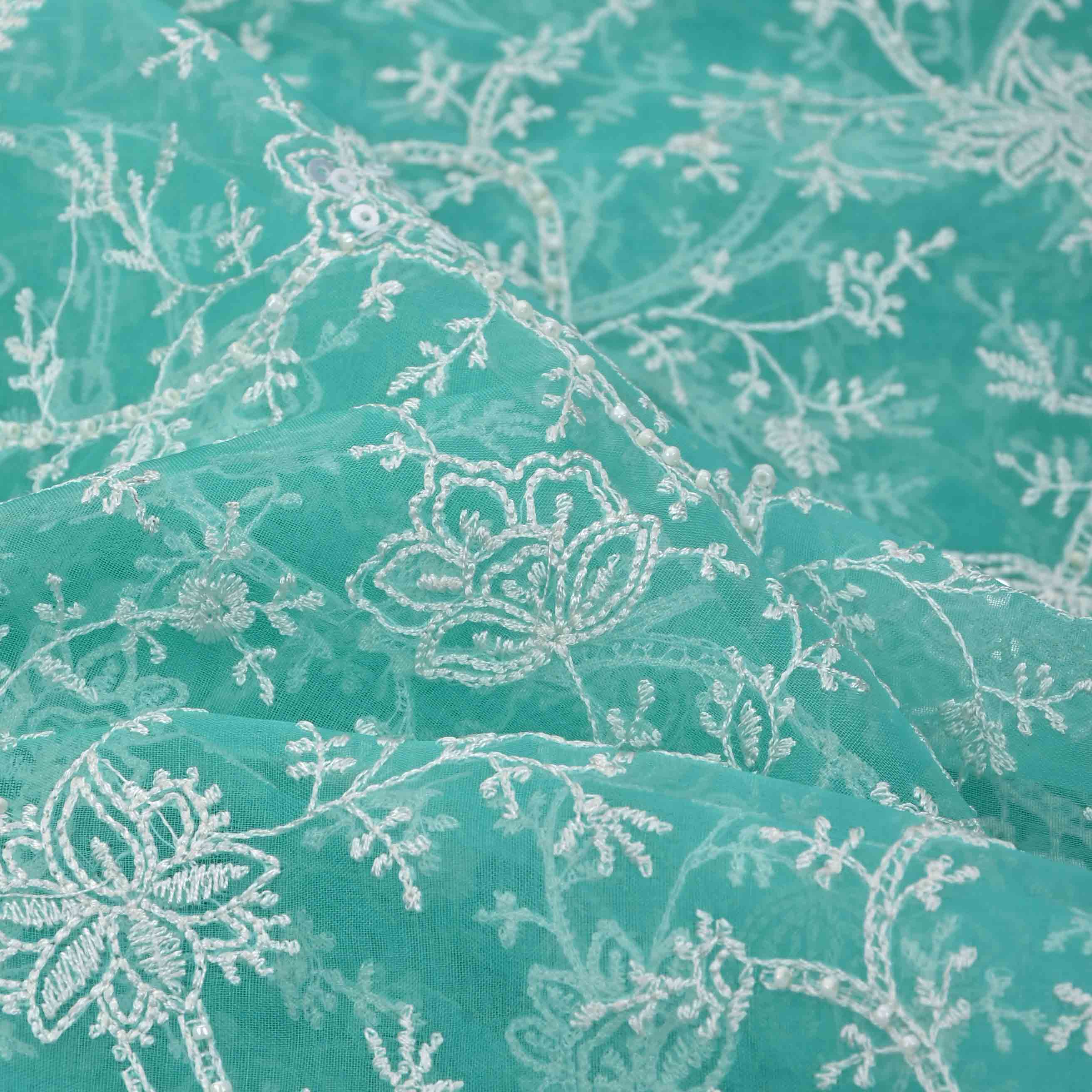 Turquoise Blue Thread Work Embroidery Organza Fabric