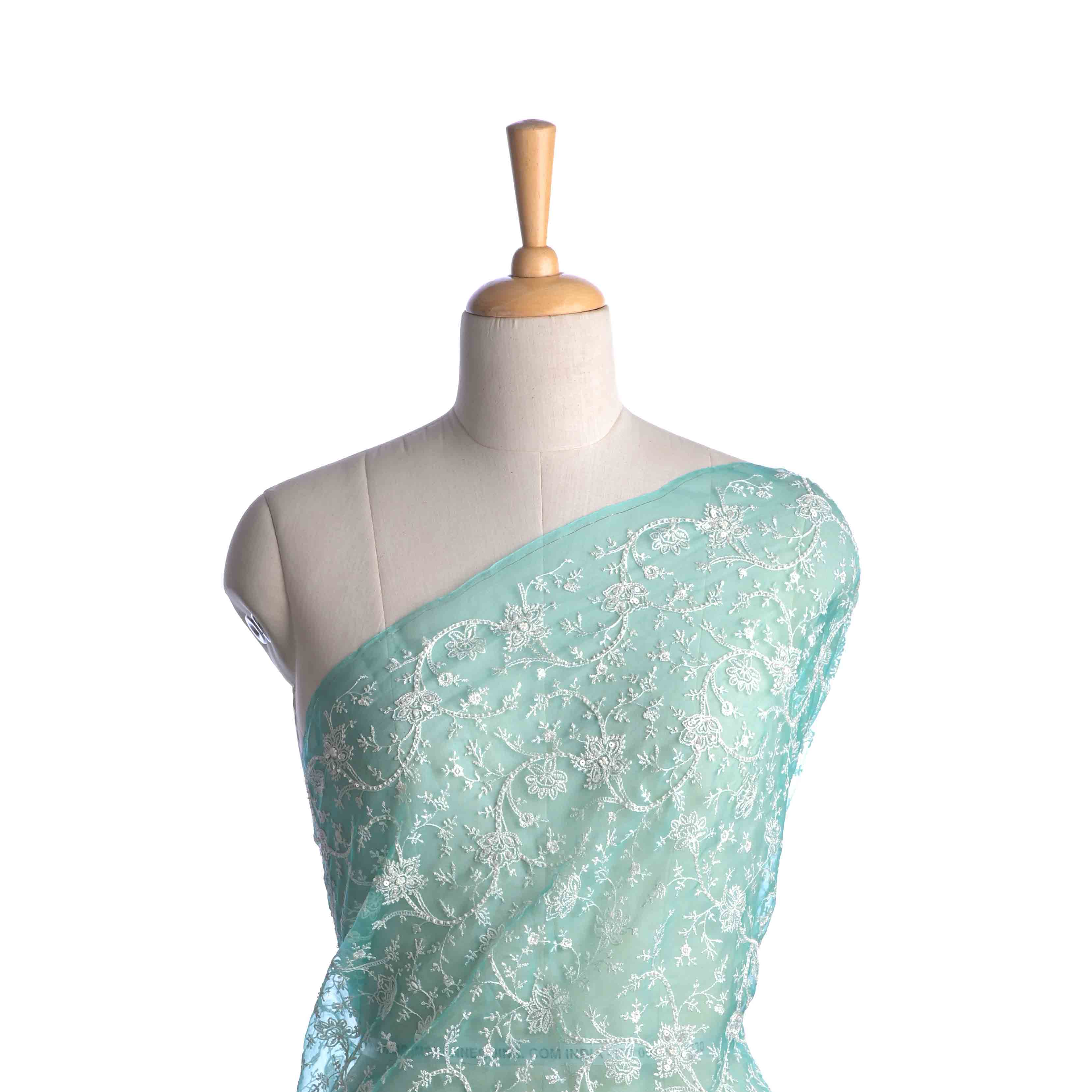 Turquoise Blue Thread Work Embroidery Organza Fabric