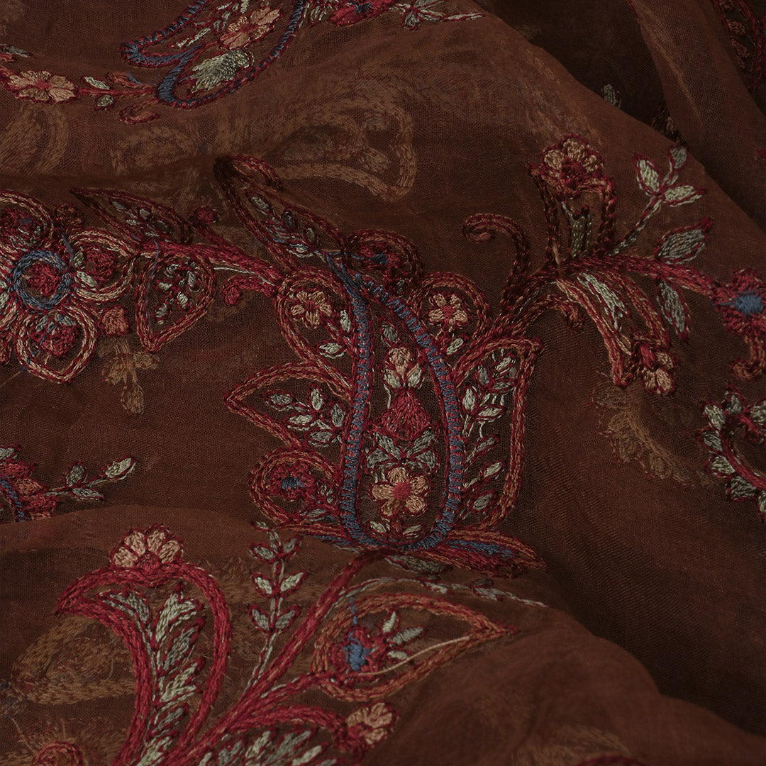 Rust Brown Thread Work Embroidery Organza Fabric