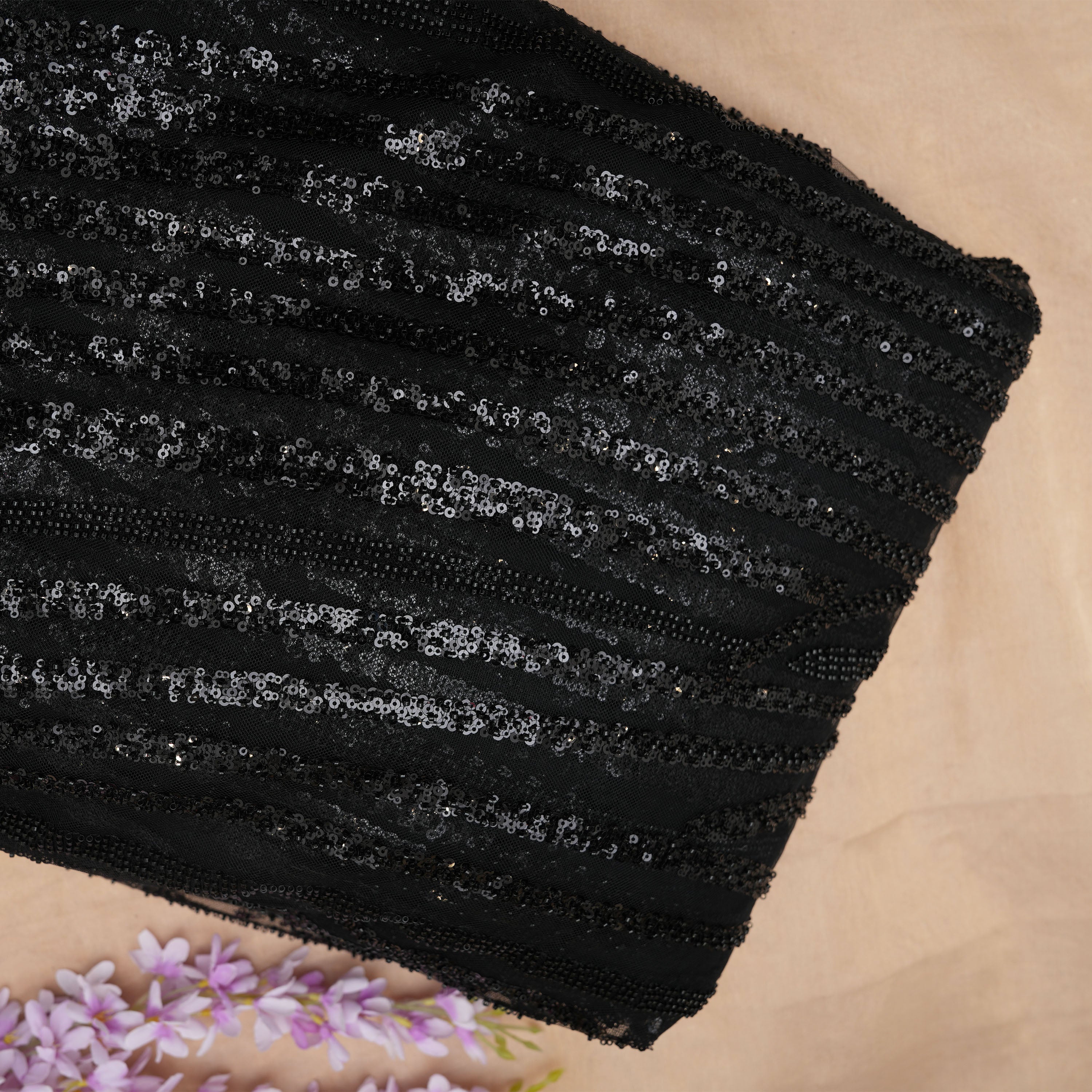 Charcoal Black Sequins And Beads Embroidered Net Fabric