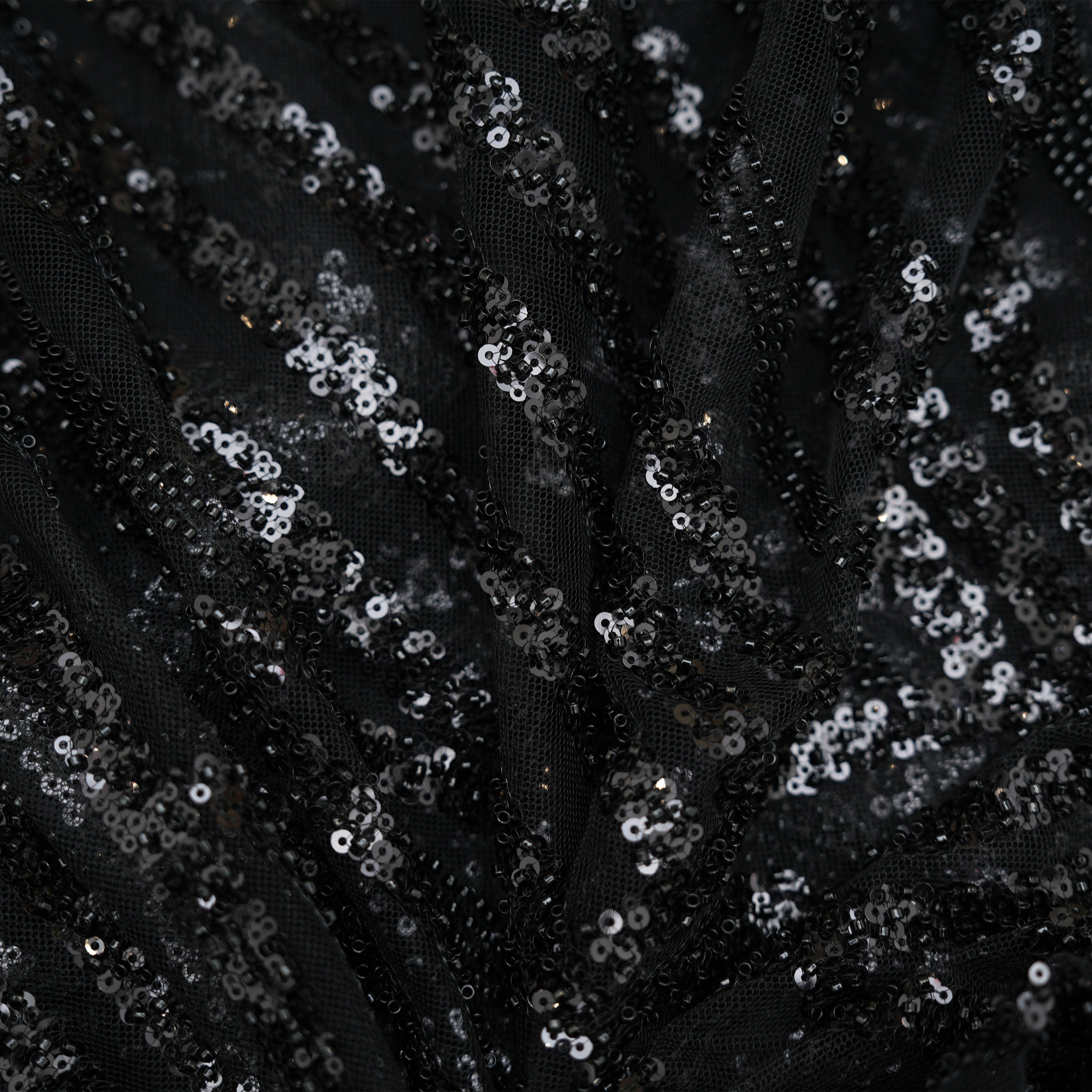 Charcoal Black Sequins And Beads Embroidered Net Fabric