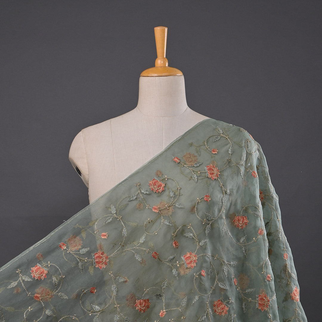 Ash Grey Thread Work Embroidery Organza Fabric