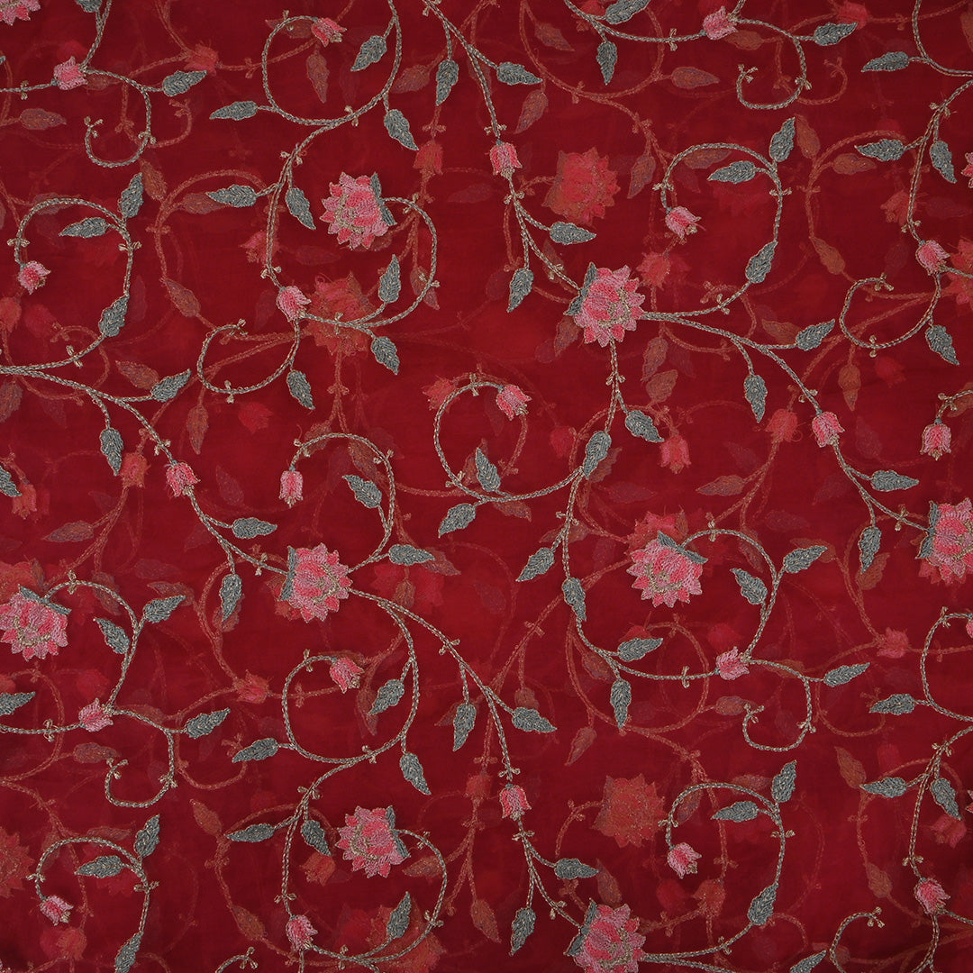 Carnelian Red Threadwork Embroidery Organza Fabric