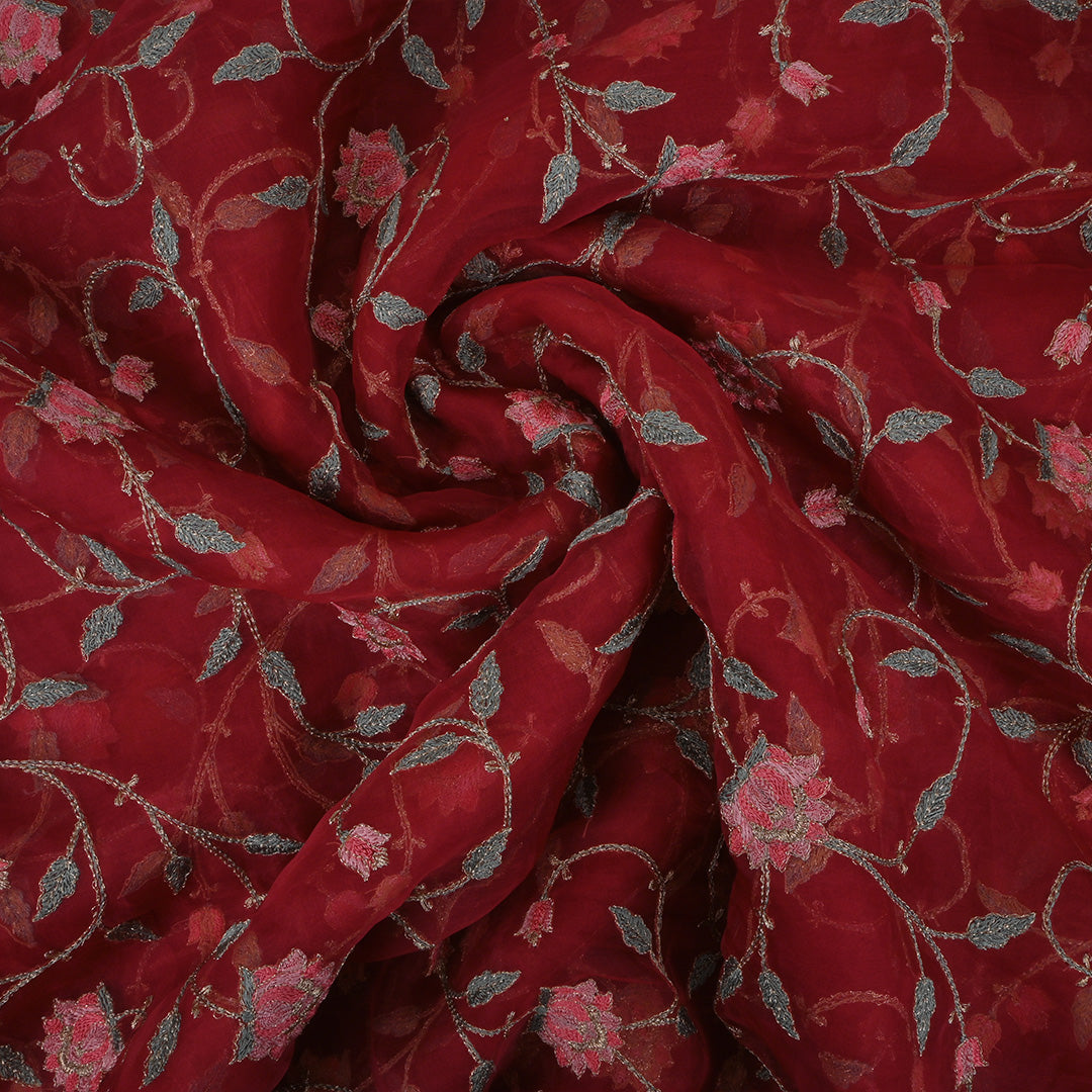 Carnelian Red Thread Work Embroidery Organza Fabric