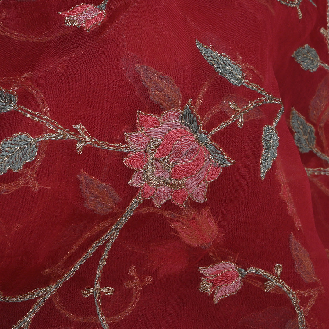 Carnelian Red Thread Work Embroidery Organza Fabric