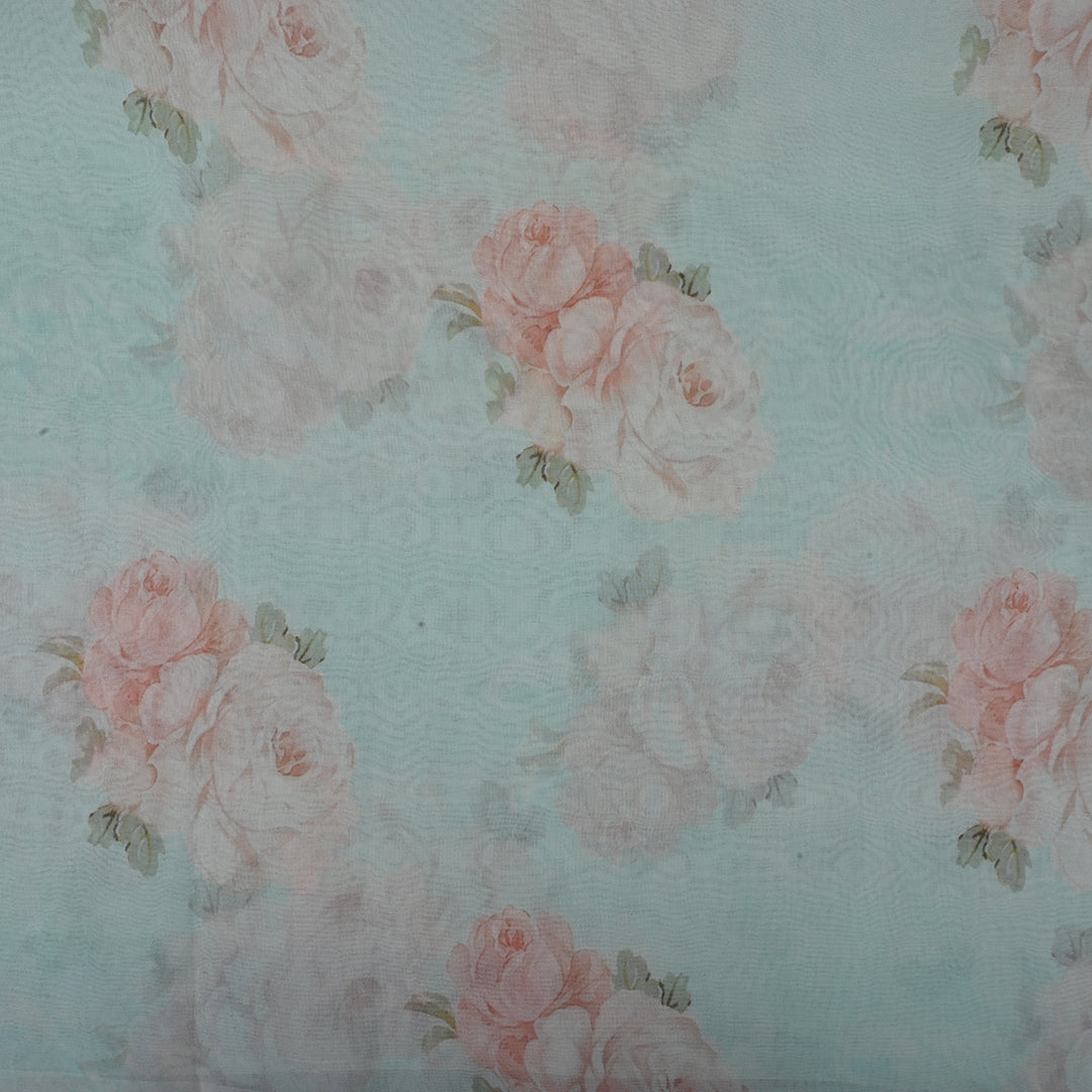Light Blue Printed Organza Fabric With Floral Pattern