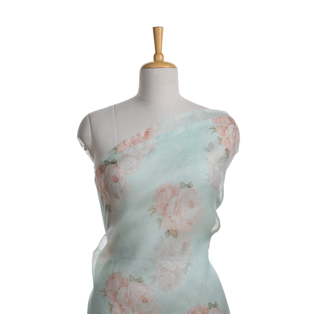 Light Blue Printed Organza Fabric With Floral Pattern