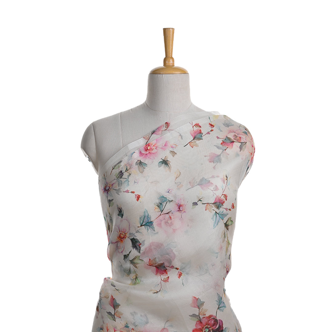 Ivory White Printed Organza Fabric With Floral Pattern
