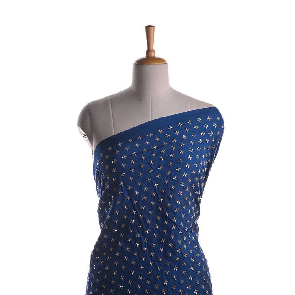 Admiral Blue Raw Silk Fabric With Floral Embroidery