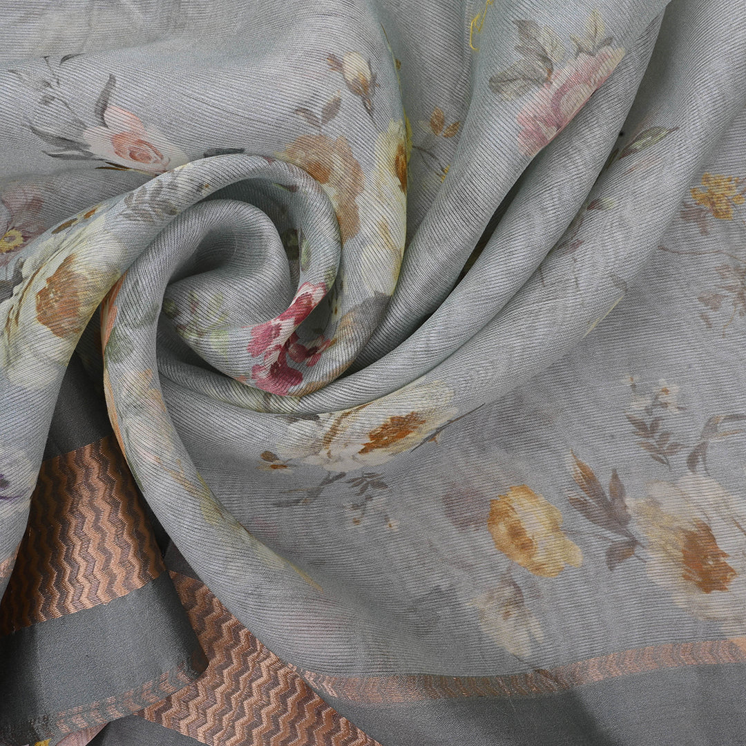 Cadet Grey Printed Floral Maheshwari Silk Fabric