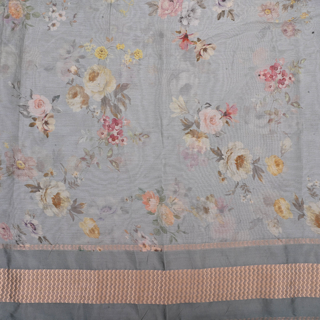 Cadet Grey Printed Floral Maheshwari Silk Fabric