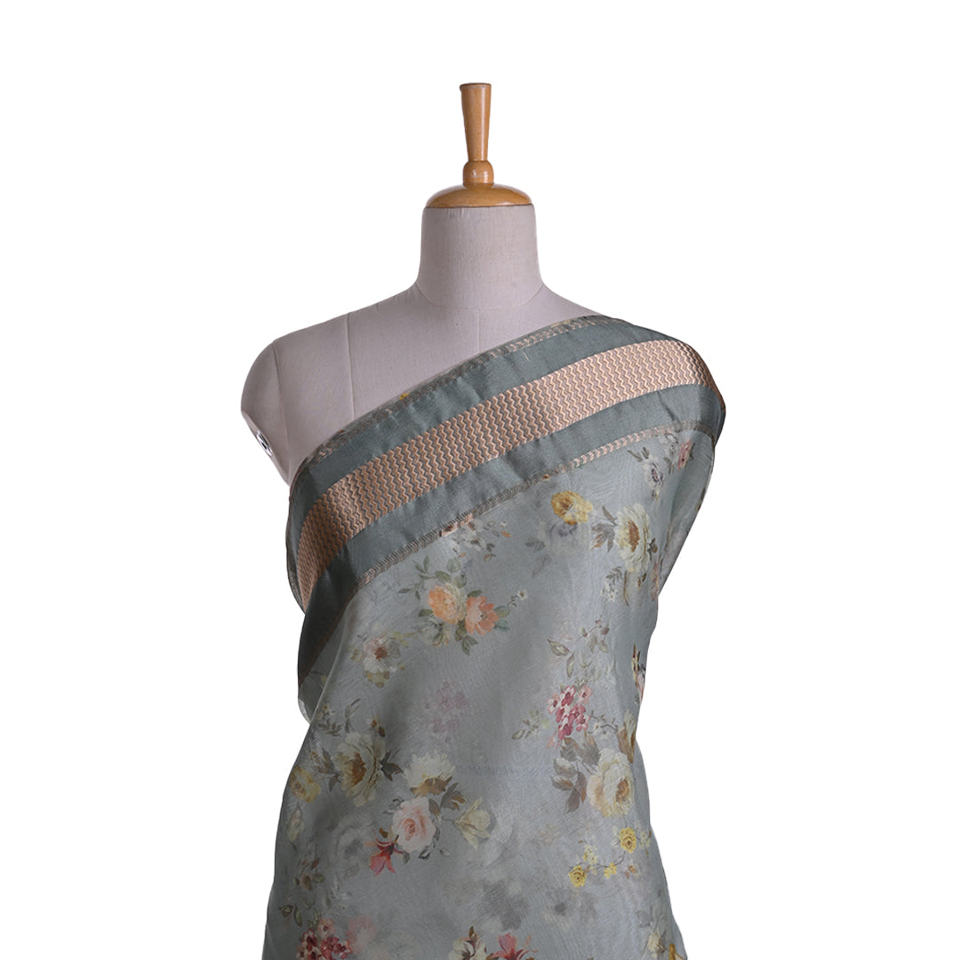 Cadet Grey Printed Floral Maheshwari Silk Fabric