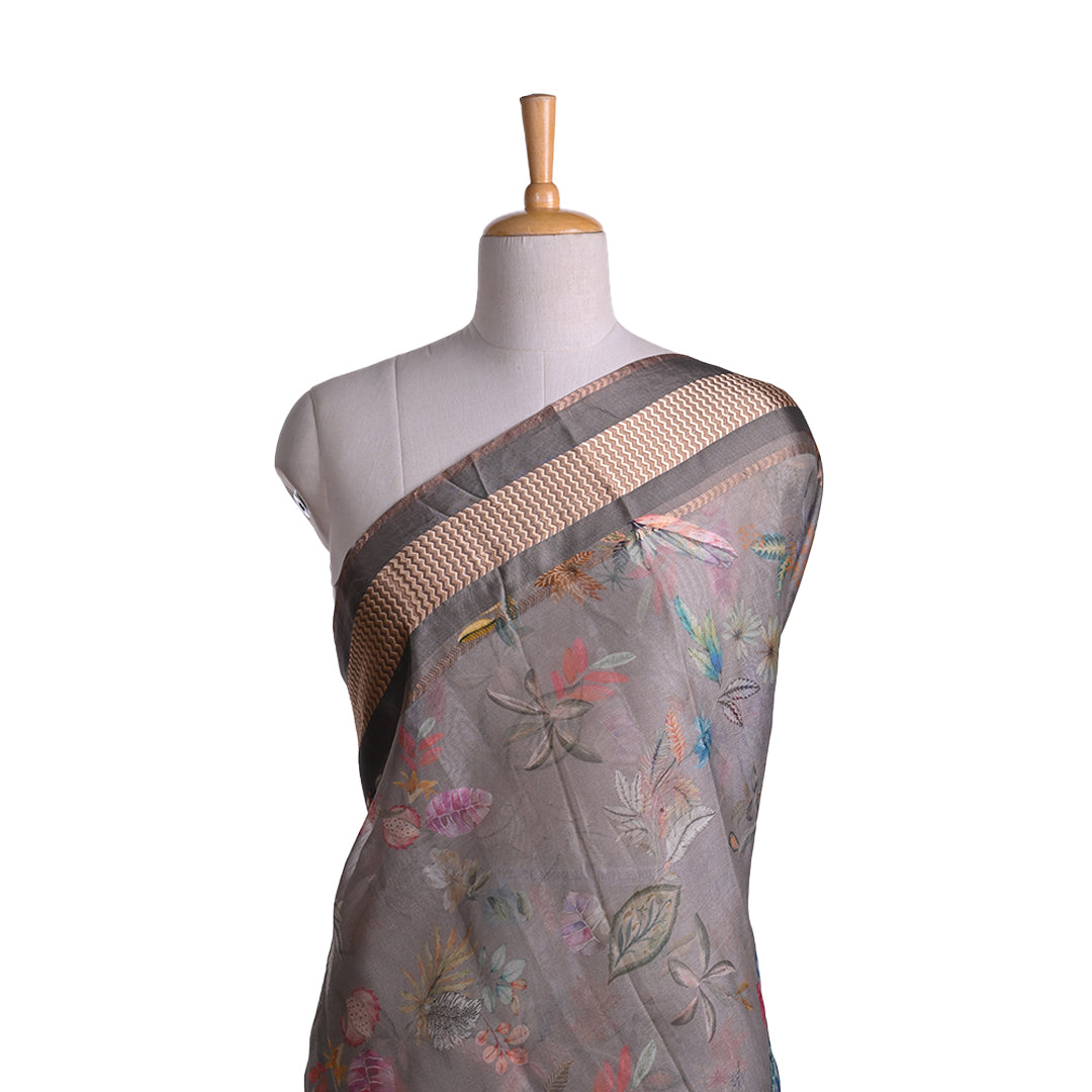 Dusty Grey Printed Maheshwari Silk Fabric Floral Pattern