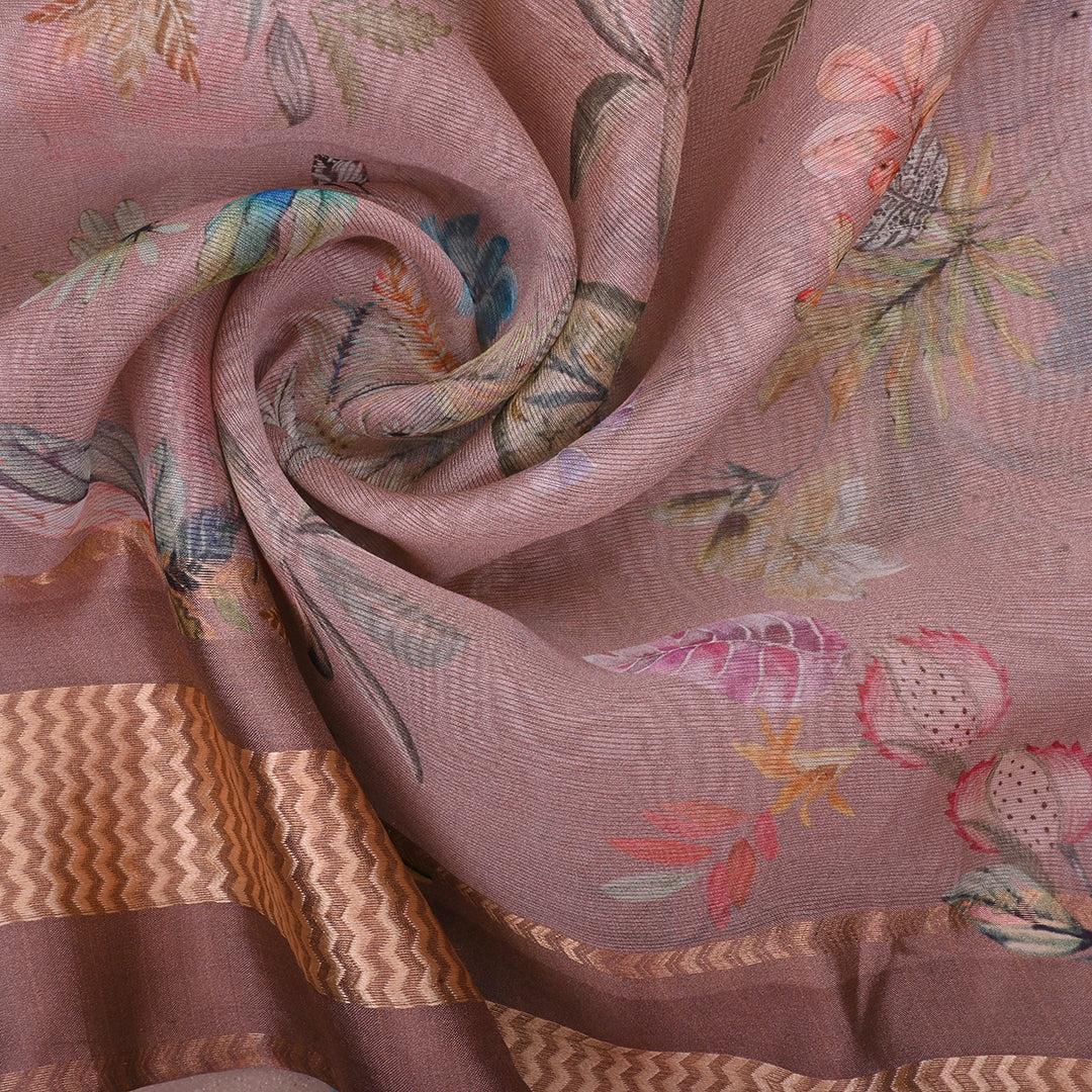 Baby Pink Printed Floral Maheshwari Silk Fabric