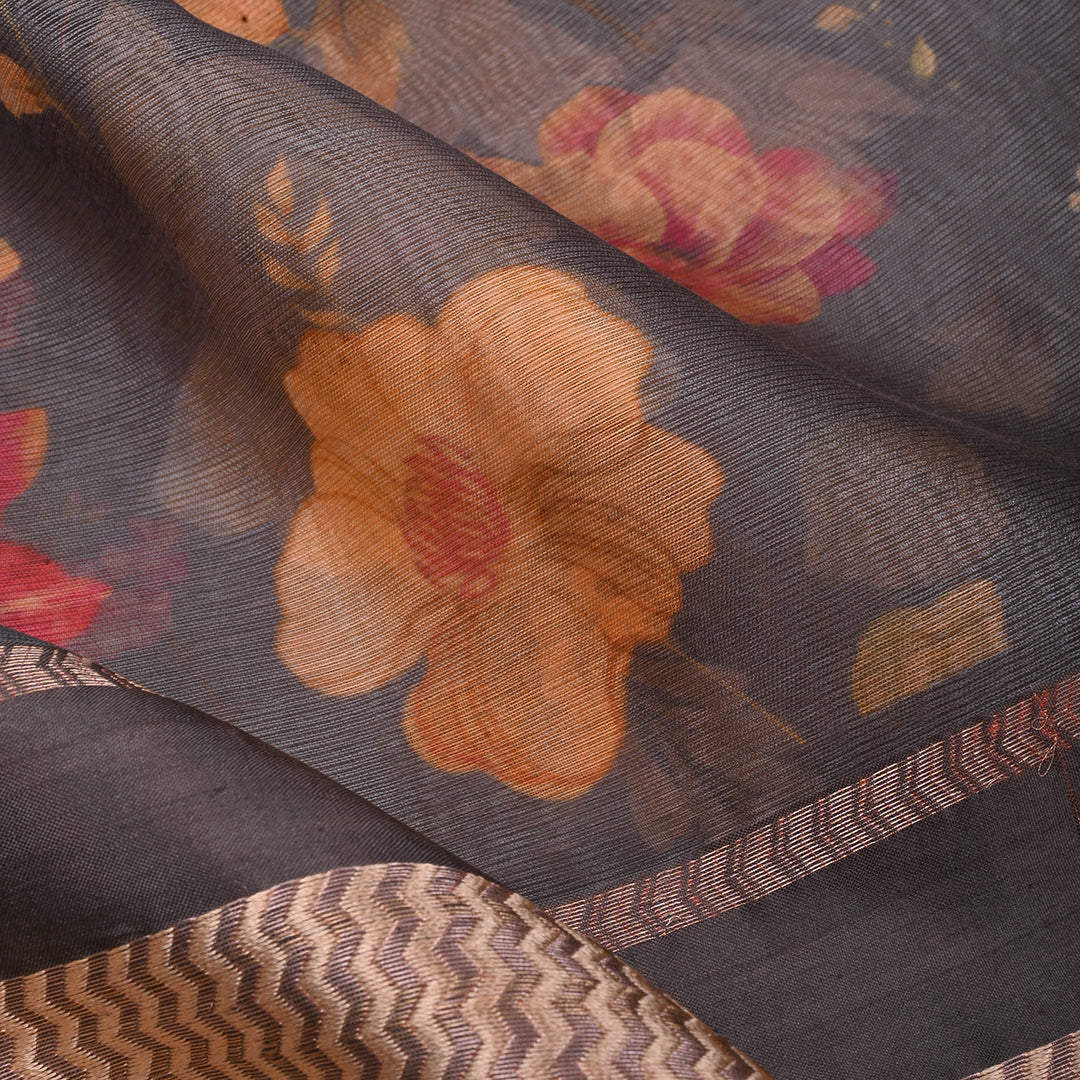 Carbon Grey Printed Floral Maheshwari Silk Fabric